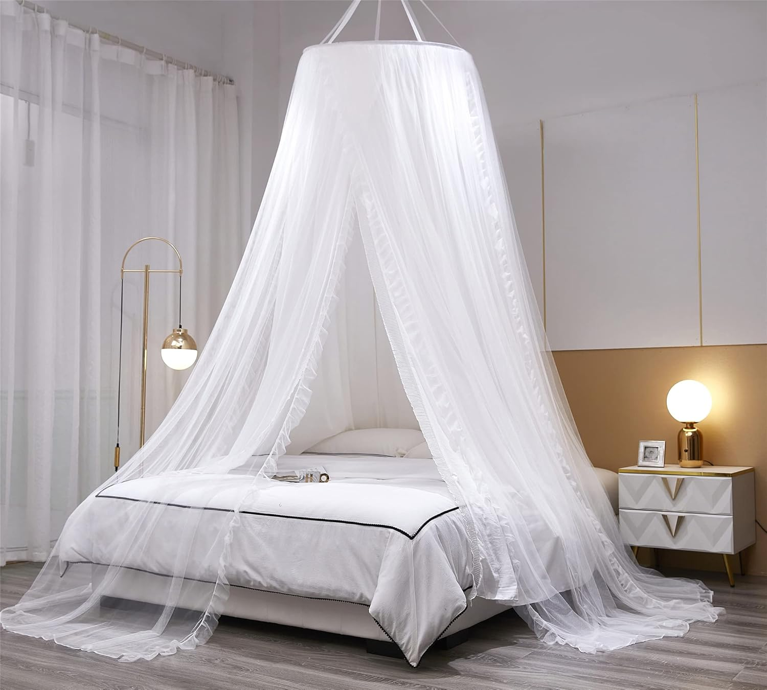 VETHIN Double Layer Princess round Dome Canopy Bed Curtain for Girls Adults,Children Dreamy Mosquito Net,Cute Bedroom Decoration Castle Play Tent Reading Nook Canopies (Dome-White/White) image number 2