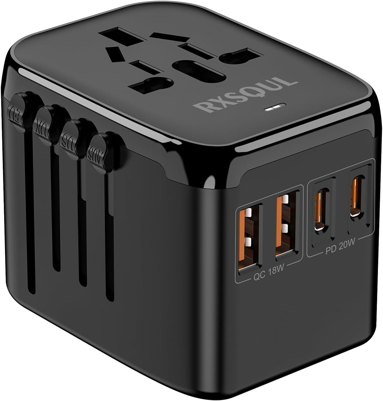 RXSQUL 5 in 1 Universal Travel Adapter, PD20W Fast Charger with 2 USB-C & 2 USB-A Ports for Europe UK US AU Asia - Blue