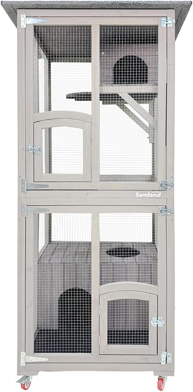 Samland Wooden Outdoor Cat Enclosure with Wheels, Double Houses & Weatherproof Roof, Cat Run for Indoor/Outdoor Use image number 2