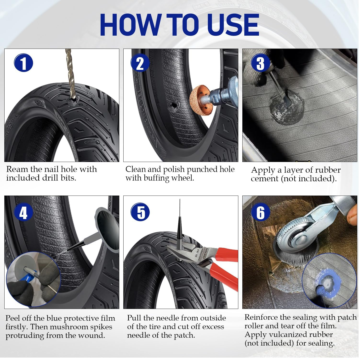 Tire Repair Patch Tool Kit Including 24Pcs Tire Patch Plugs, Tungsten Buffing Wheel, Tire Patch Roller with 4Mm Twist Drill Bits for Vehicle image number 1