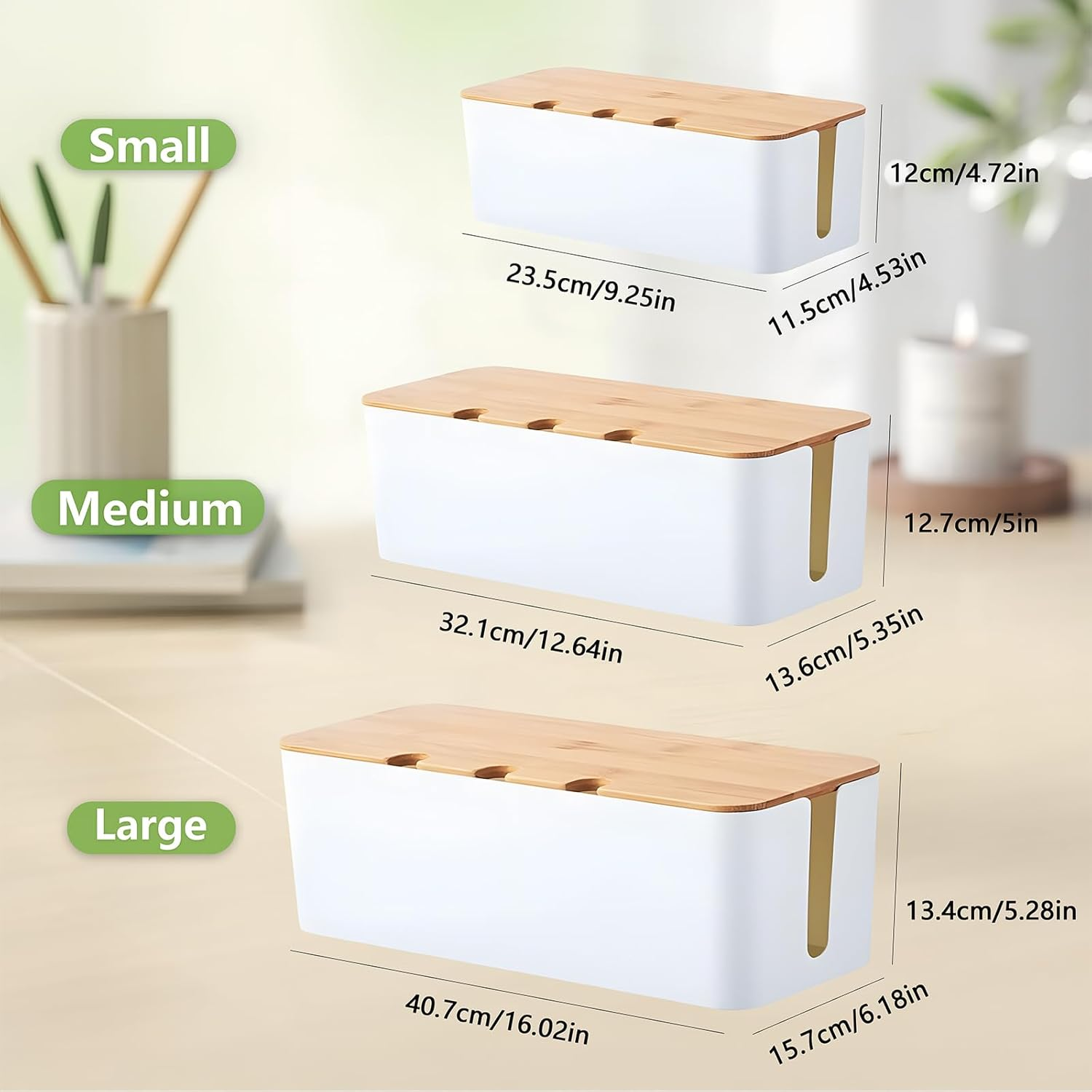 3 Pcs Cable Management Box, Cord Organizer Box with Bamboo Lid & 20 Cable Ties, Safe ABS Material, Wire Organizer for TV, Computer, Router, USB Hub and under Desk Power Strip image number 3