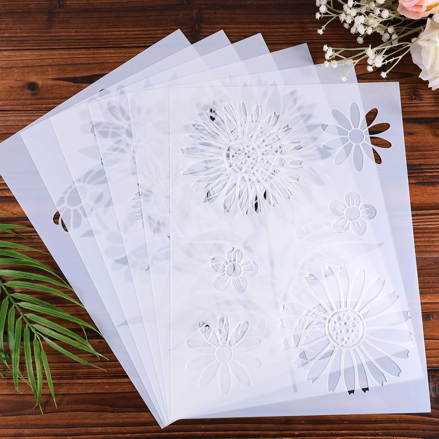 6Pcs Daisy and Sunflower Stencils, 16X11.73 Inch Large Flower Stencil for Painting Reusable Floral Plant Drawing Templates for Crafts Canvas Fence Wall Art Decor image number 2
