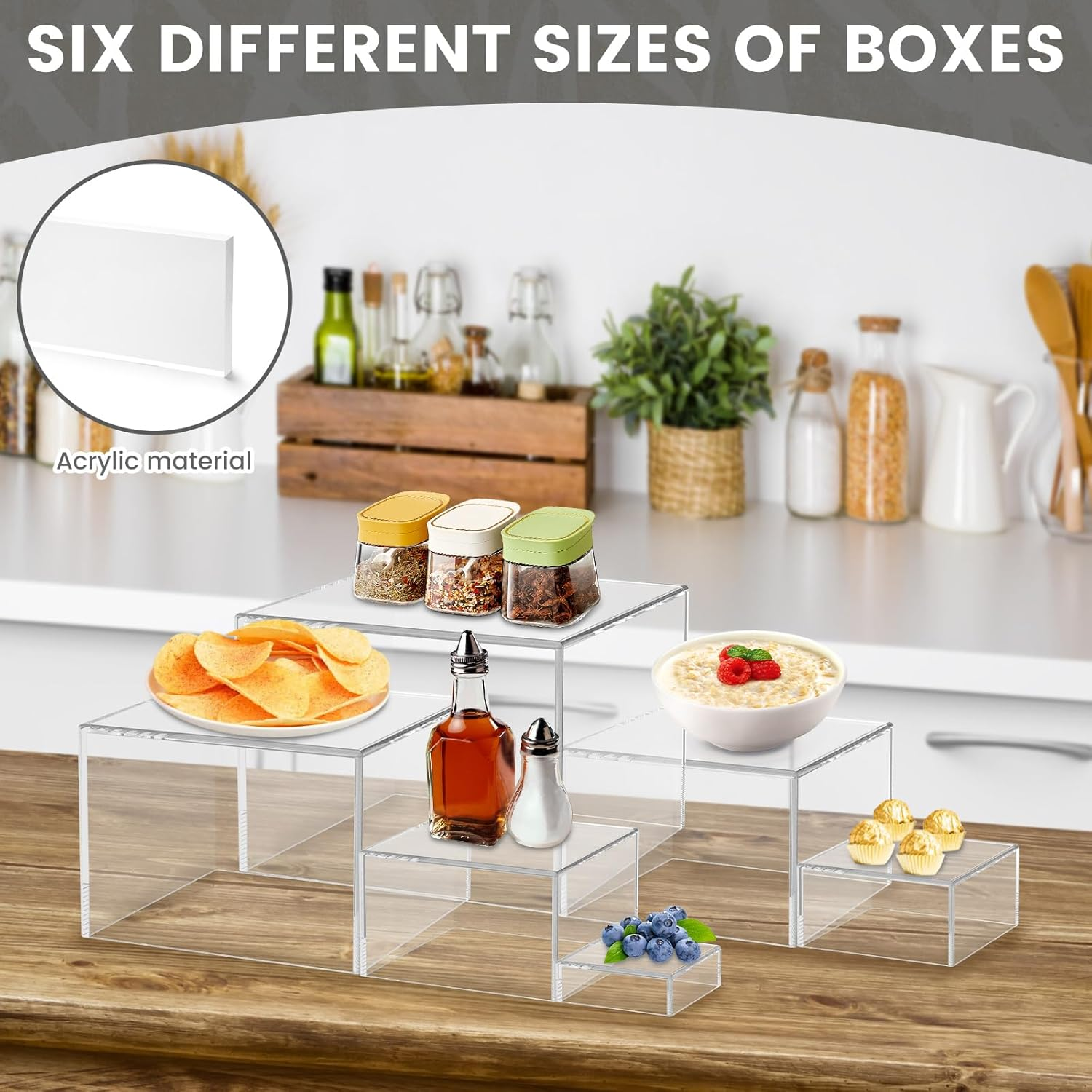 6 Pcs Acrylic Box with Hollow Bottom 6 Different Sizes Buffet Risers Stackable Buffet Stands Reusable Food Stands for Party Buffet Table (Clear(3 + 4 + 5 + 6 + 7 + 8 Inch )) - Clear image number 2