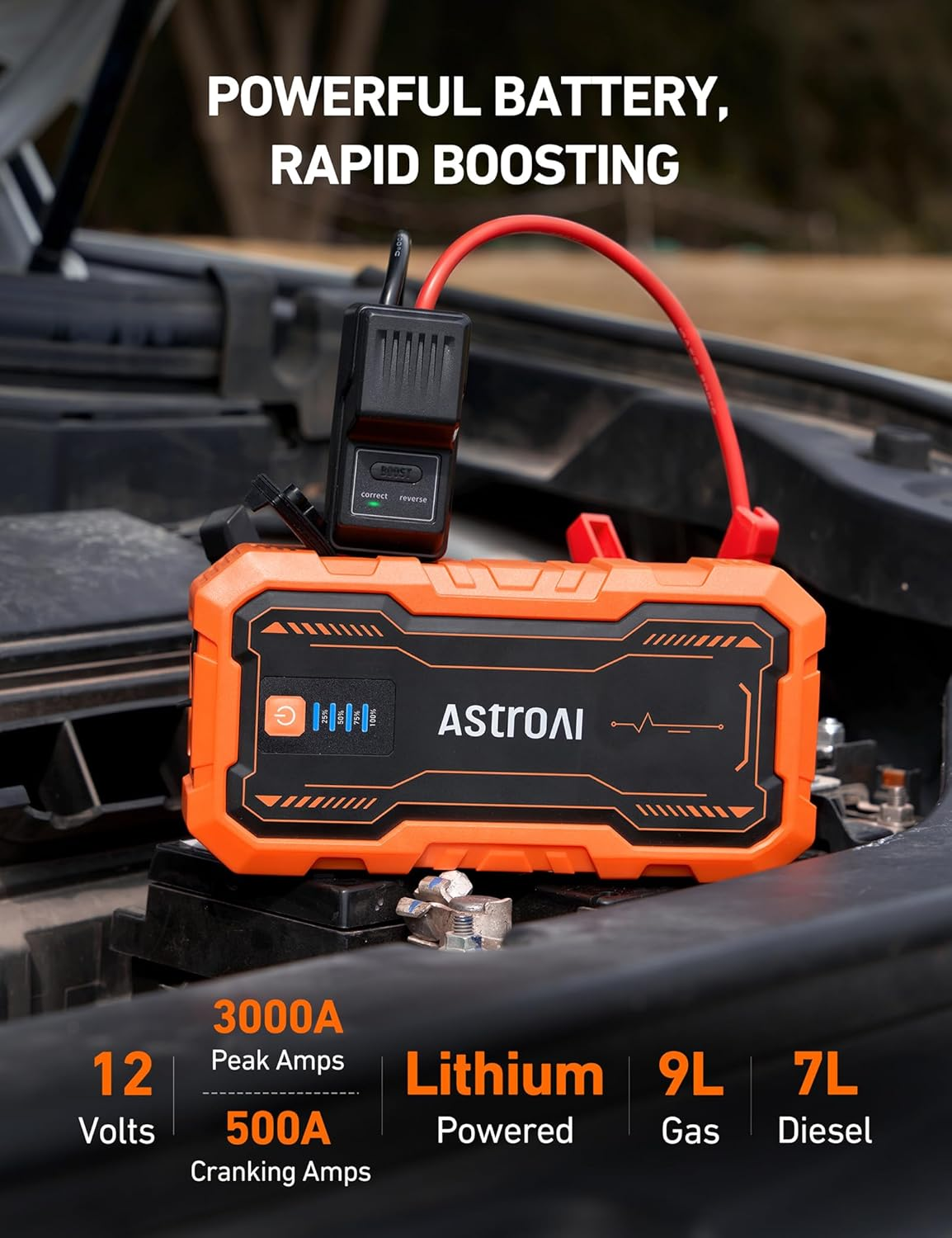 Astroai S8 Pro Car Jump Starter Power Bank, 3000A Portable Car Battery Jump Starter for 12V Vehicles up to 9.0L Petrol & 7.0L Diesel Engines (Orange) image number 3
