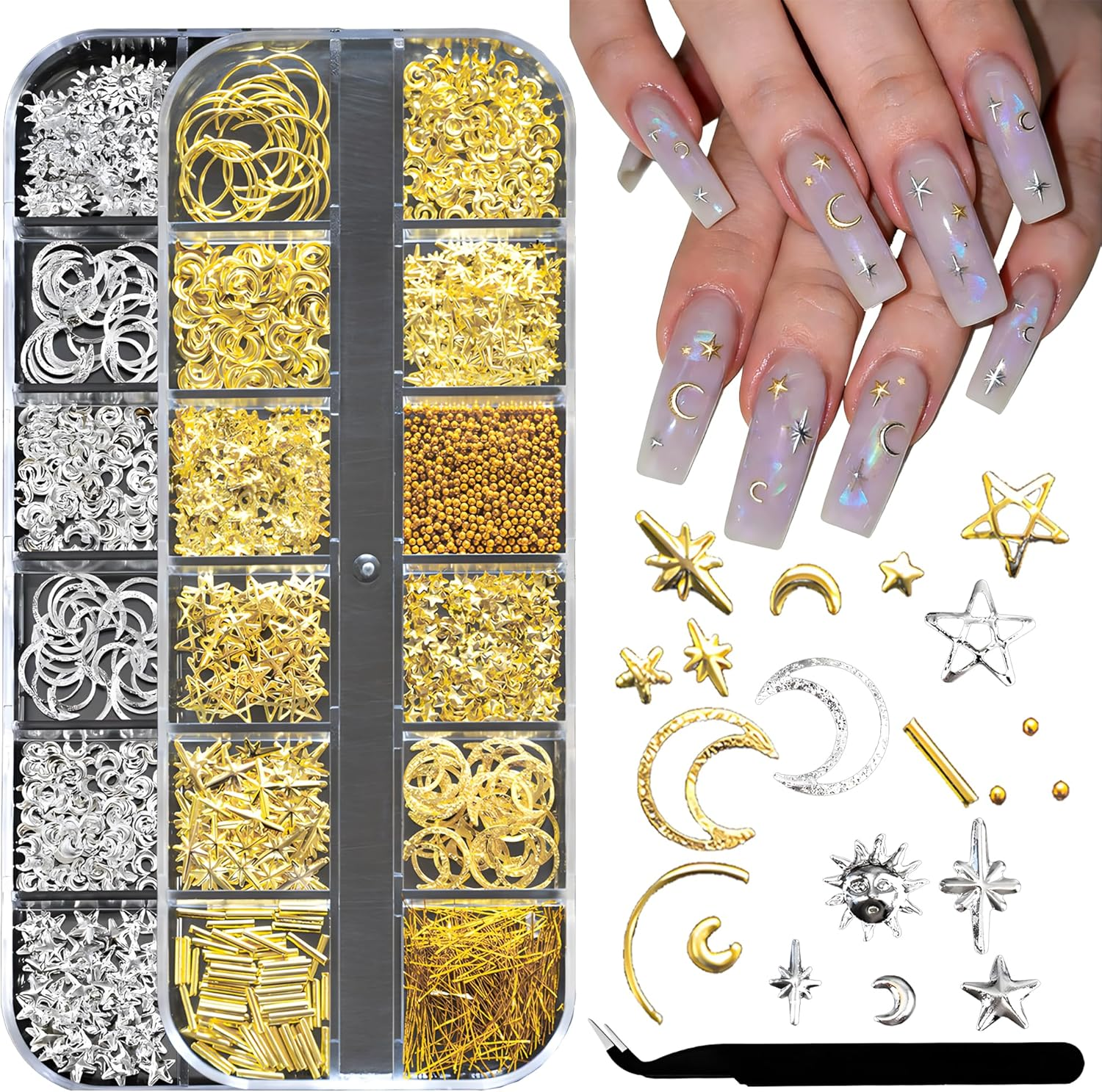 3 Pcs Gold & Silver Nail Art Charms & Rhinestones with Tweezers | Star Moon Sun Heart Nail Gems Decor for DIY Manicures, Crafting | Easy to Use for Women Girls image number 2