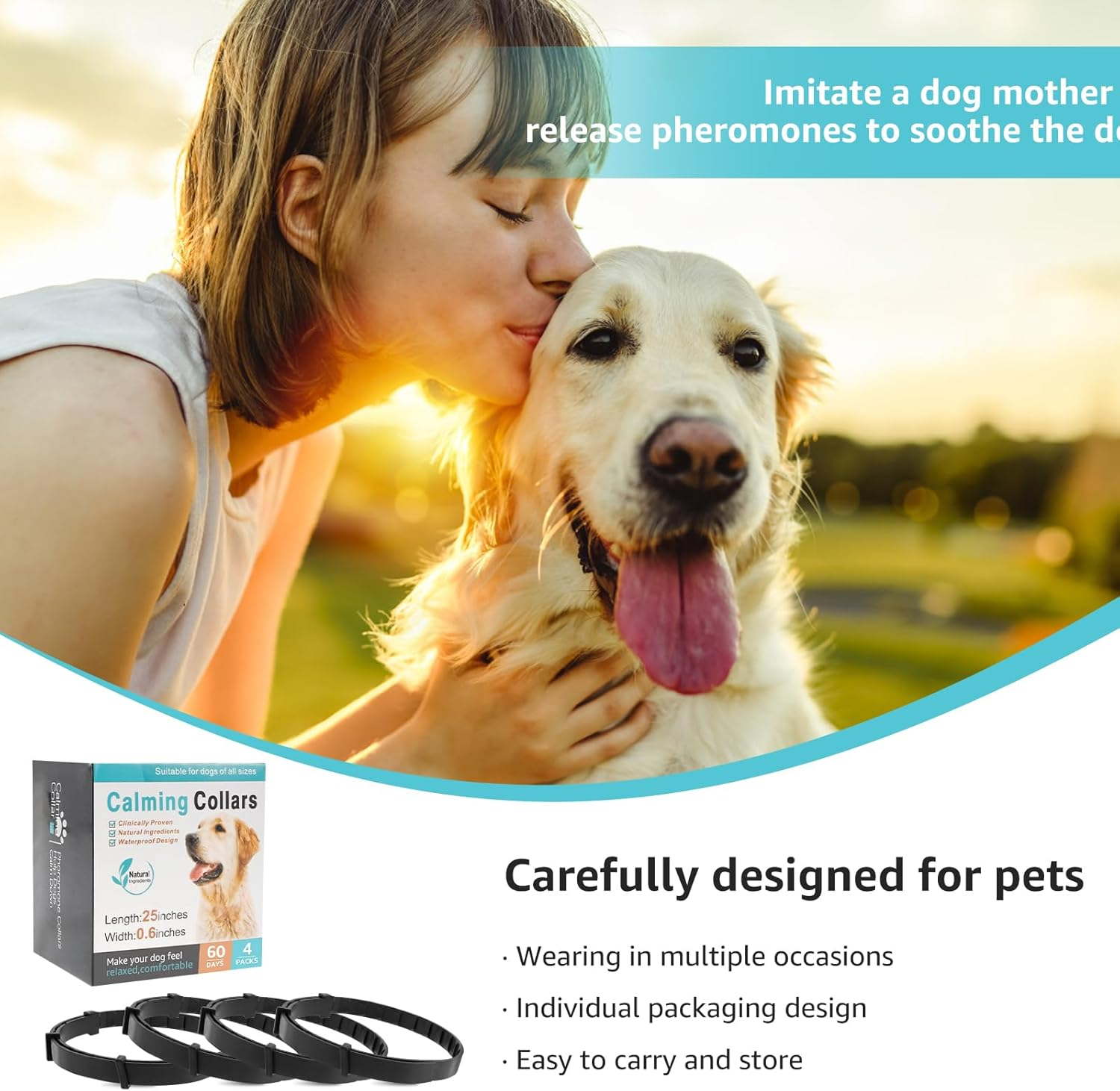 Calming Collar for Dogs,4 Packs Dog Pheromone Calm Collars,Relief Anxiety Stress Separation Lasts 60 Days,Relieve Bad Behavior,25 Inches Size Flexible Adjustable for All Small Medium and Large Dog (A) image number 6