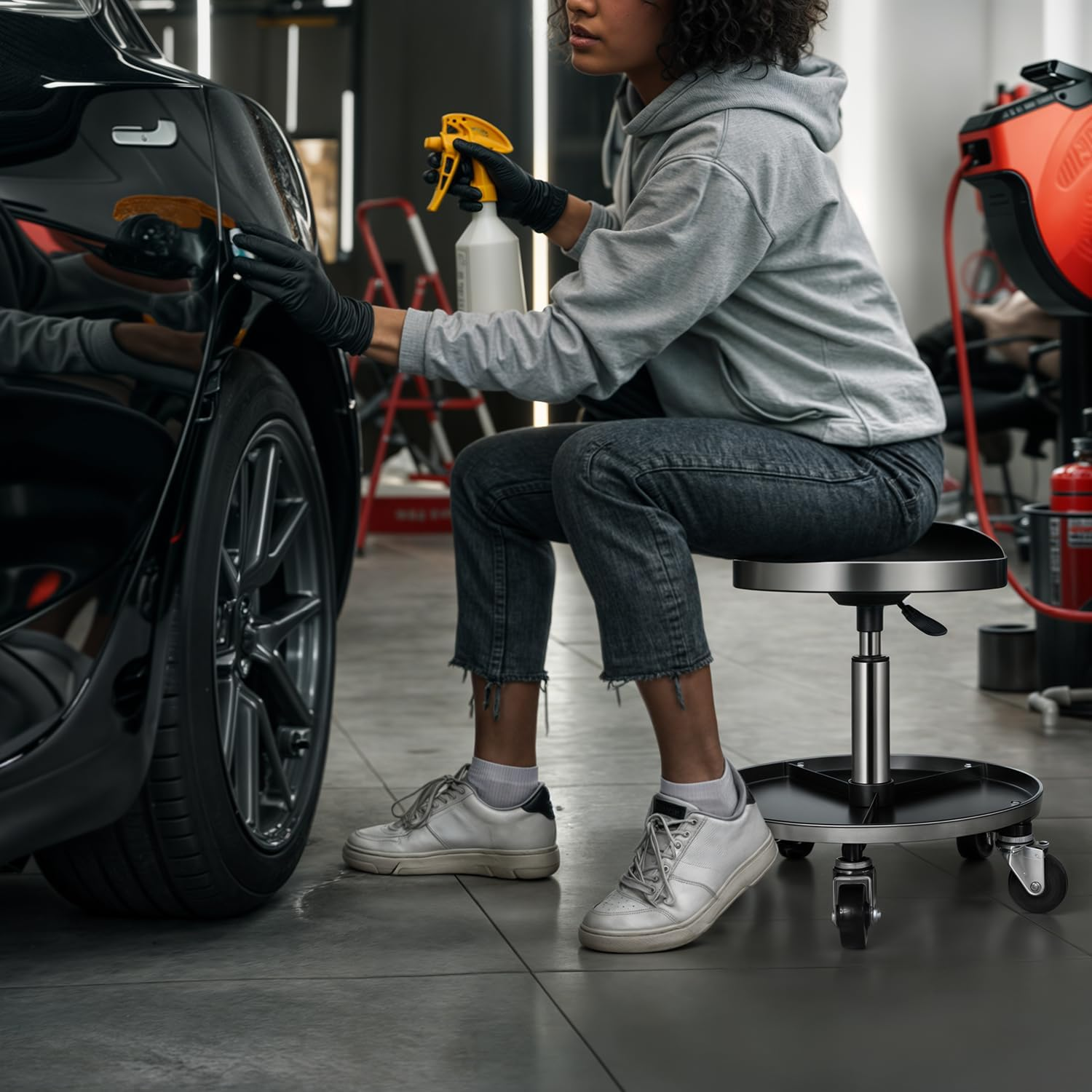 M-AUTO Pneumatic Rolling Mechanic Stool with Wheels 250-Pound Capacity Creeper, 18" to 23" Adjustable Height Mobile Garage Shop Seat with Detachable Tool Tray Storage, Black image number 2