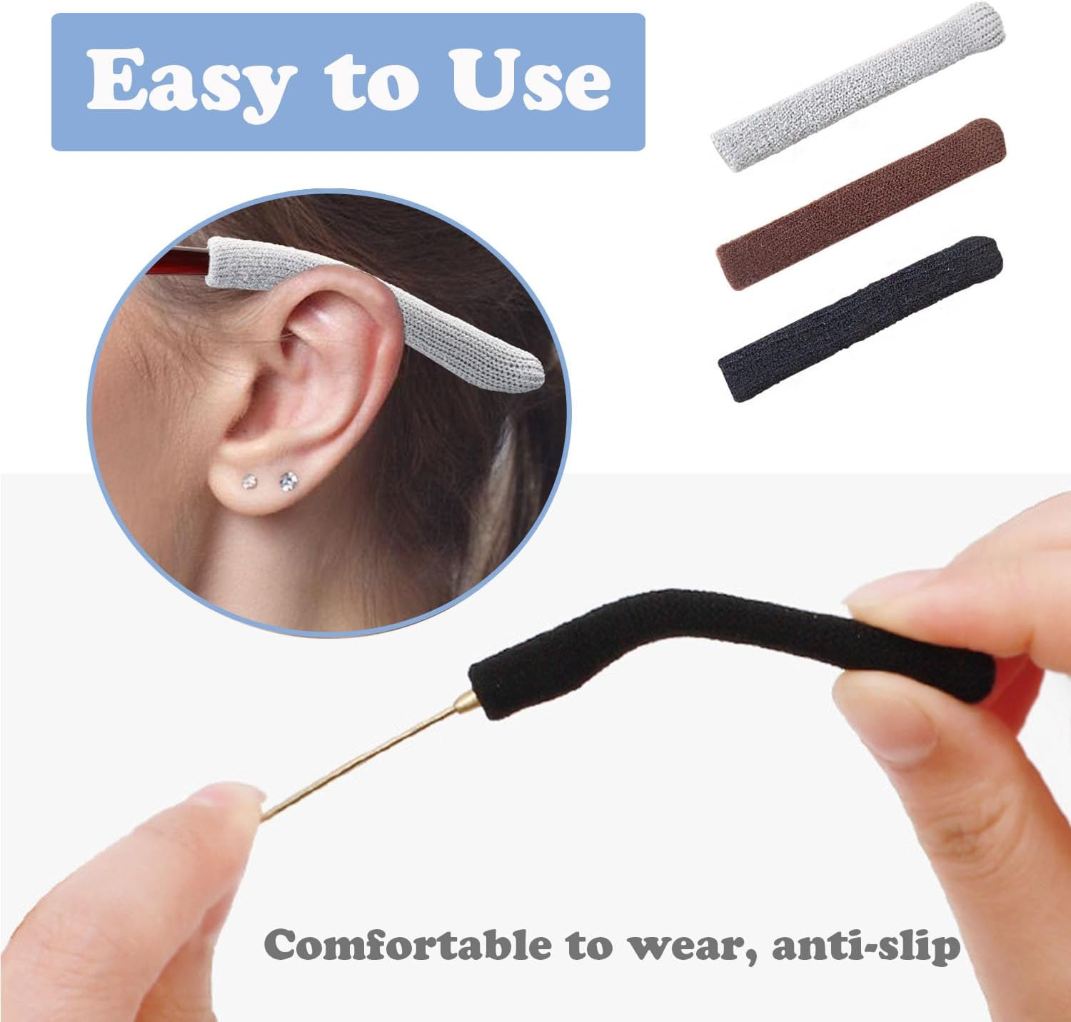 UPIONIC Anti-Slip Elastic Eyeglasses Temple Tips Sleeve,Fabric Glasses Ear Cushion,Glasses Ear Grips,Glasses Accessories,2Pcs - Black/Brown image number 6