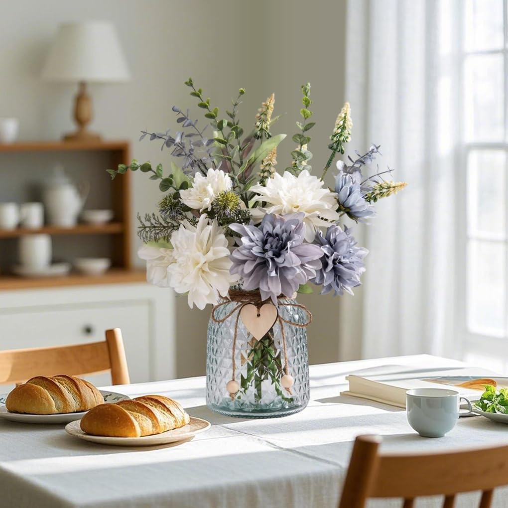 Delsol Artificial Flowers with Vase Silk Dahlia Faux Flowers Arrangement with Glass Vase Exquisite Fake Flowers Bouquet for Home Decor Decoration Table Centerpiece (Dahlia) image number 5