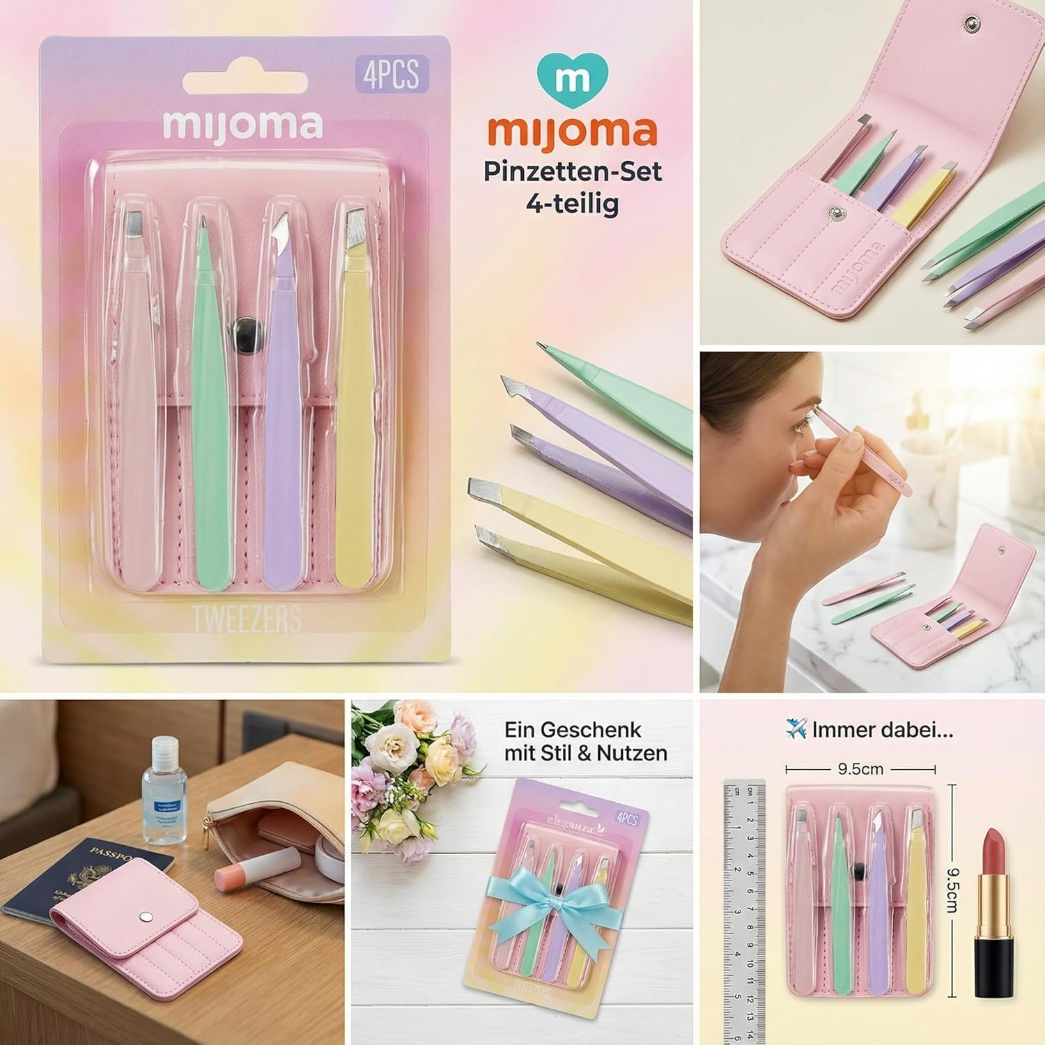MIJOMA Tweezers Set of 4 - Stainless Steel Pastel Tweezers with PU Case - Assorted Tip Shapes for Precision & Cosmetics - Ideal for Eyebrows & Grooming