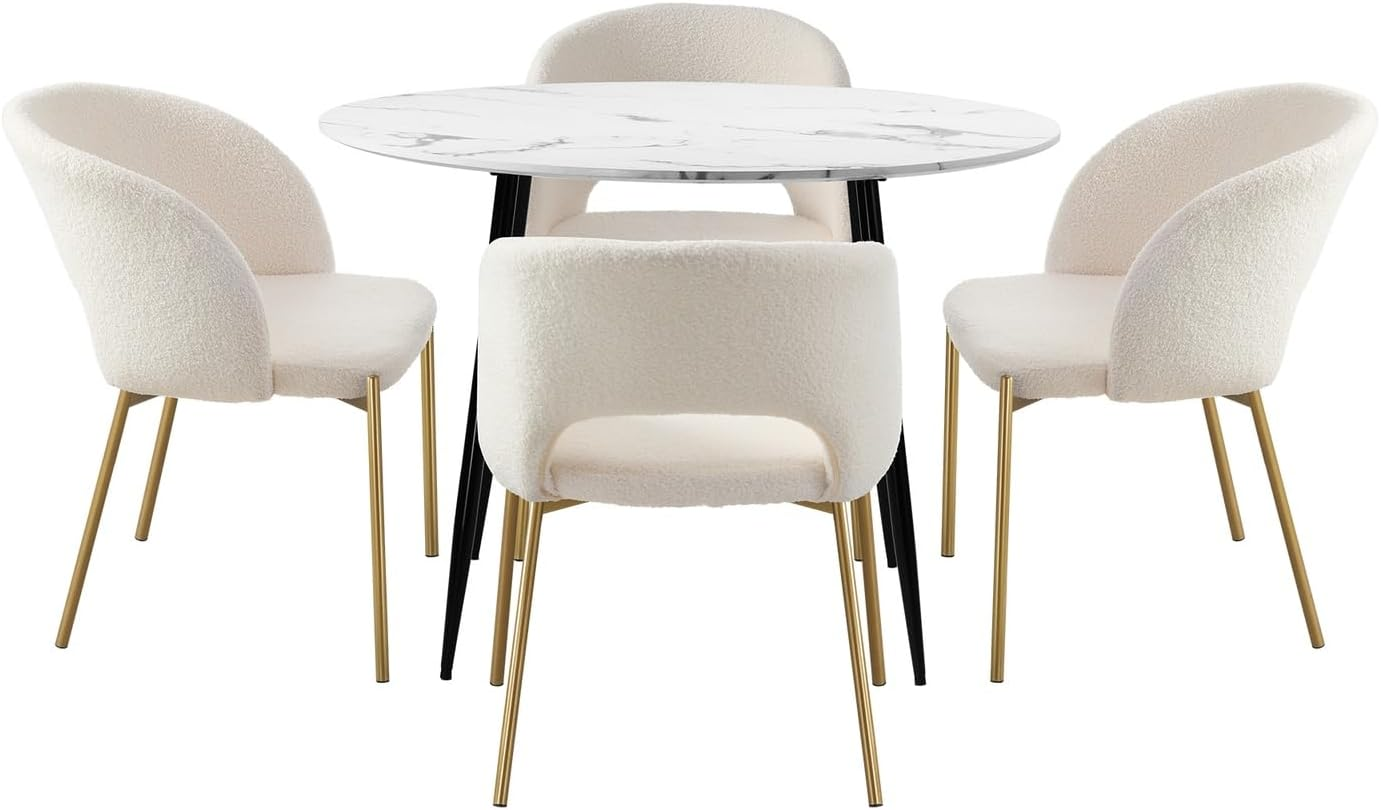 Oikiture 110Cm round Dining Table and Chairs White Dining Set with Marble Table and Sherpa Dining Chairs Set of 4 - Gs-Gold image number 3