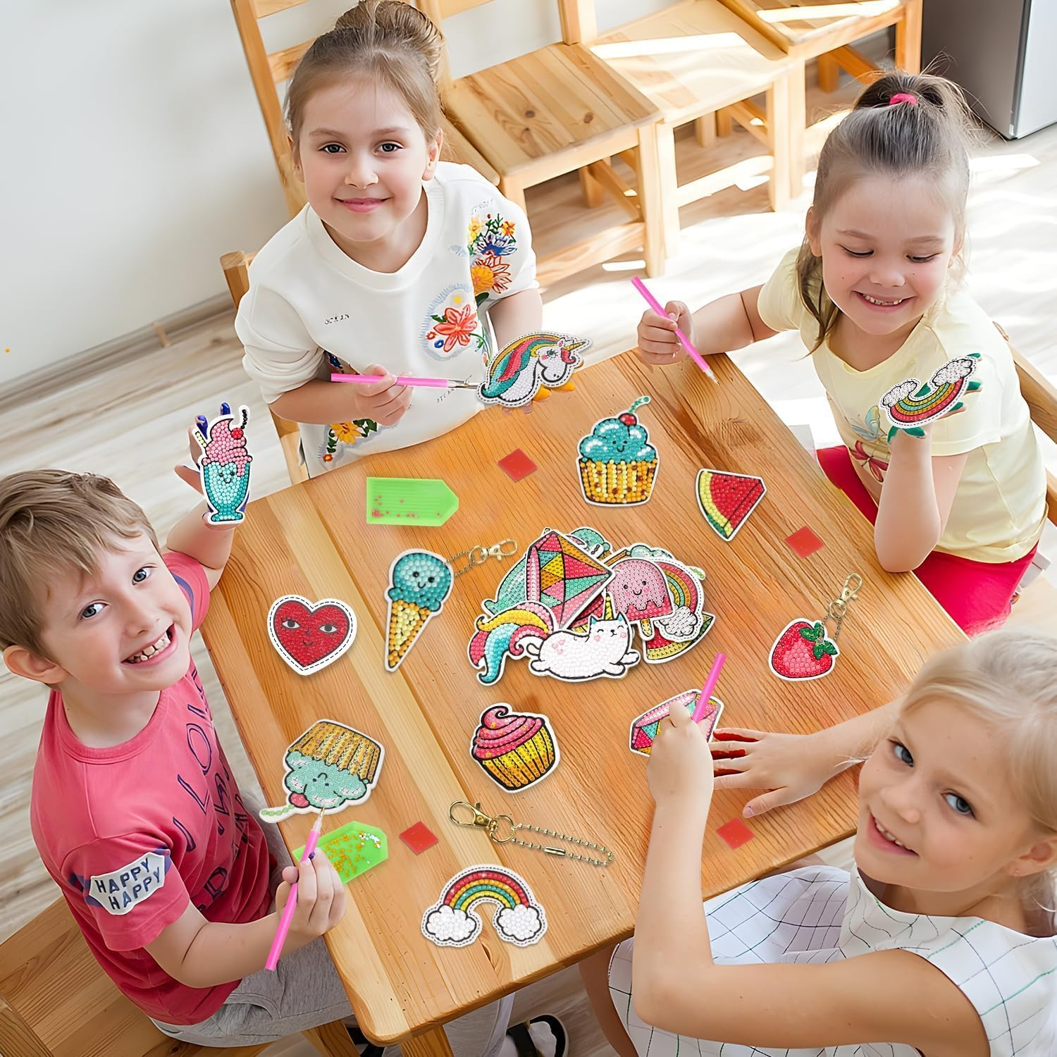 12Pcs Diamond Painting Art Kits for Kids, 5D Diamond Arts and Crafts Keychains for Kids Girls Ages 6-12 with Gift Box Gem Art Supplies Gem Star Cake Rainbow Keychains image number 6