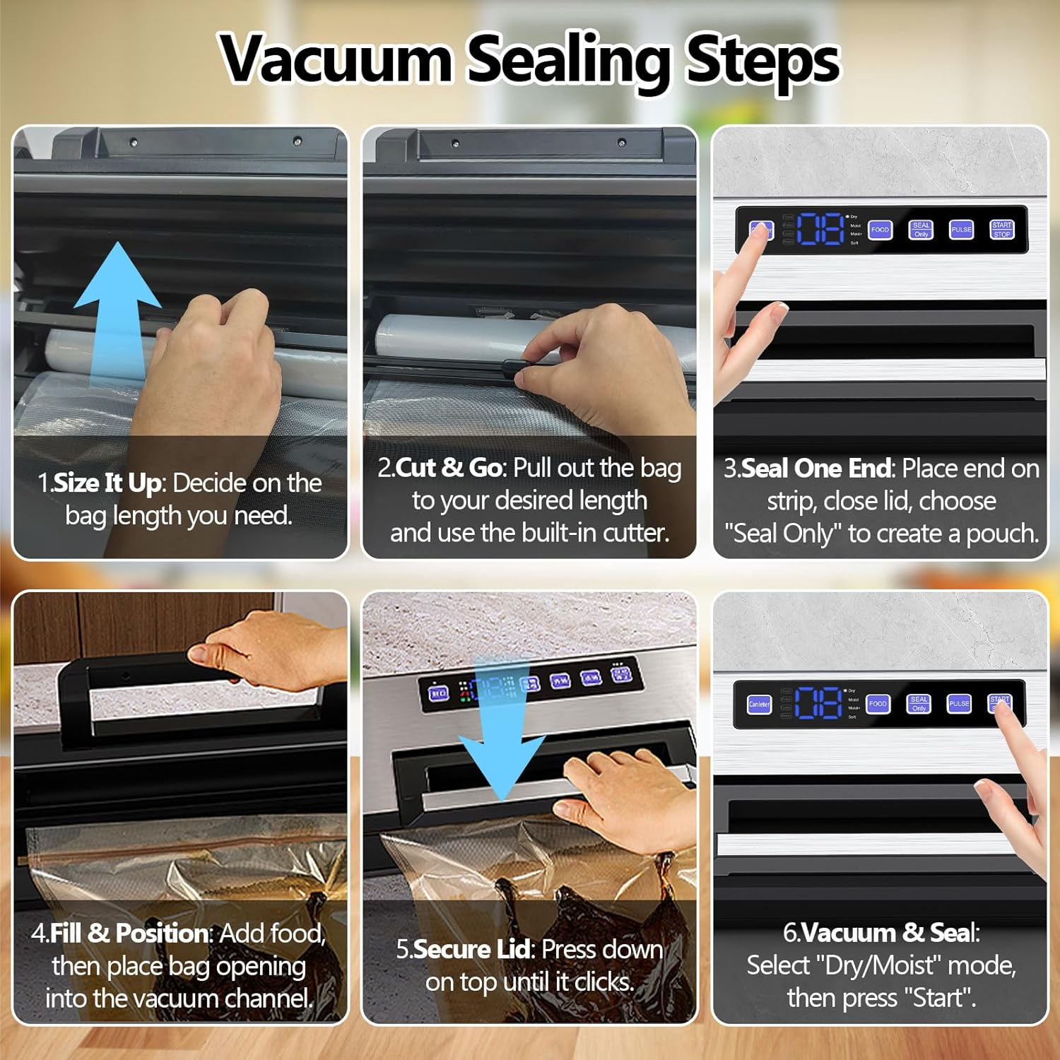 Oolong Food Vacuum Sealer Machine Heavy-Duty Automatic, 100KPA Powerful Suction, Dry Moist Sealing Modes, 300Mm Seal, Built-In Cutter, Bag Storage & Detachable Tray, Starter Kit with Hose, Bags image number 3