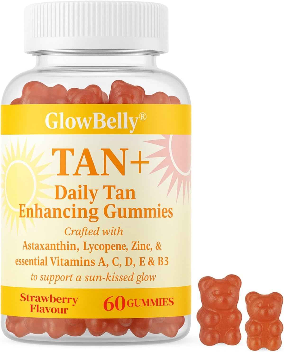 Tan plus Strawberry Tanning Gummies | 24Mg Astaxanthin + 100Mg Lycopene + 7500Mg Beta Carotene, Zinc, Vitamins a C D B3 | Glow & Antioxidant Support Gummies | 60 Pieces by Glowbelly image number 2