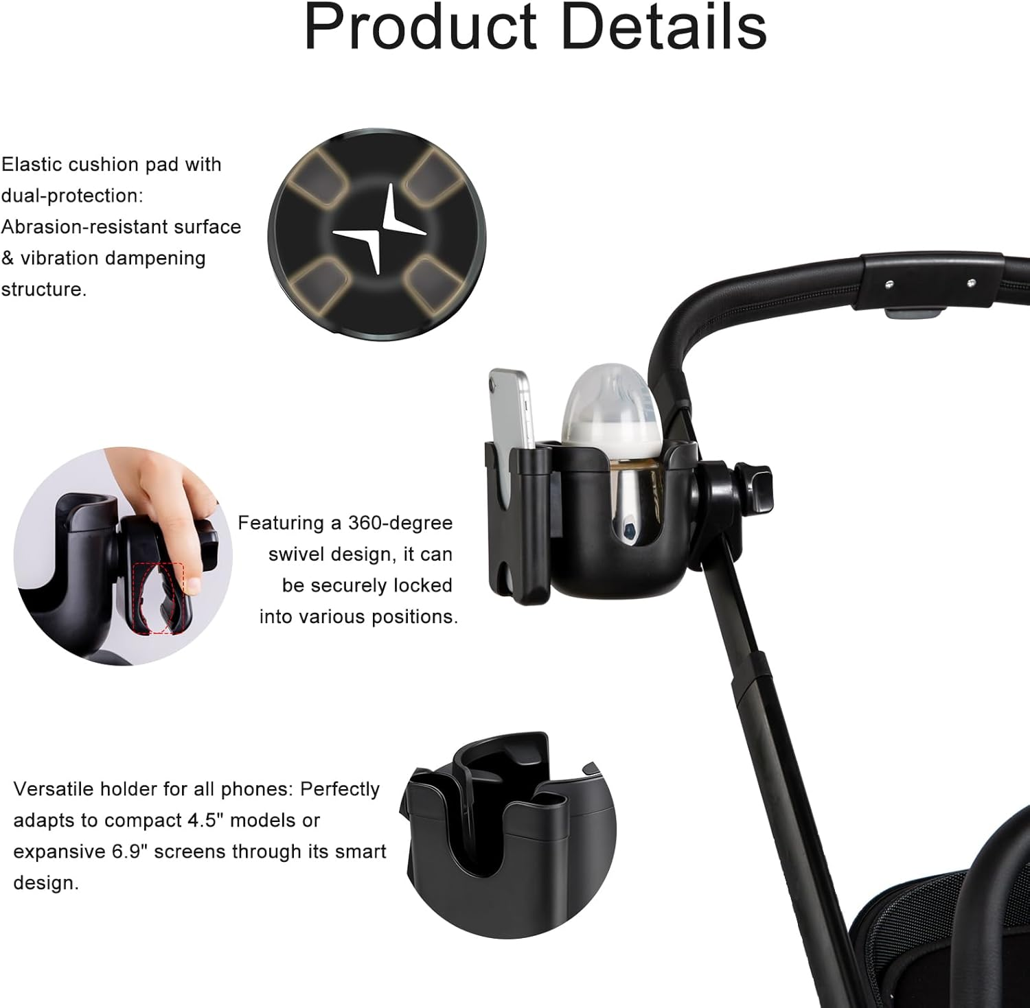 2-In-1 Stroller Cup Holder with Phone Holder, 360&deg; Rotable Organizer for Pram, Bike, E-Bike, Scooter, Wheelchair, Walker, Compatible for Different Bodys of a Cup, like Baby Bottle, Drinks image number 1