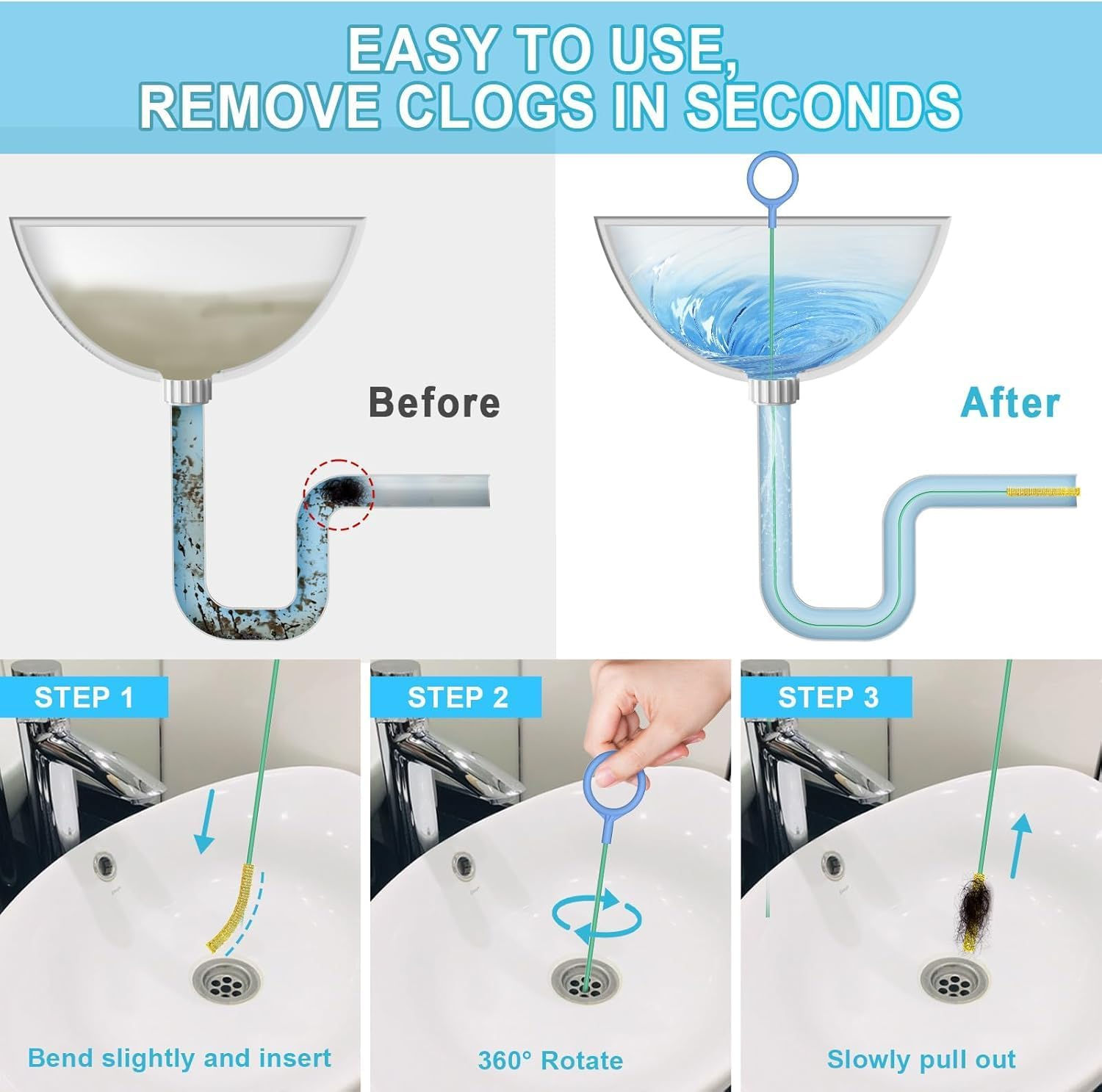 35 Inch Drain Snake Sink Unblocker Tools(5 Pack), Unbreakable Metal Drain Cleaners and Unblockers, Long/Flexible/Thin Hair Clog Remover to Unclog Bathroom Sink, Tub, Shower