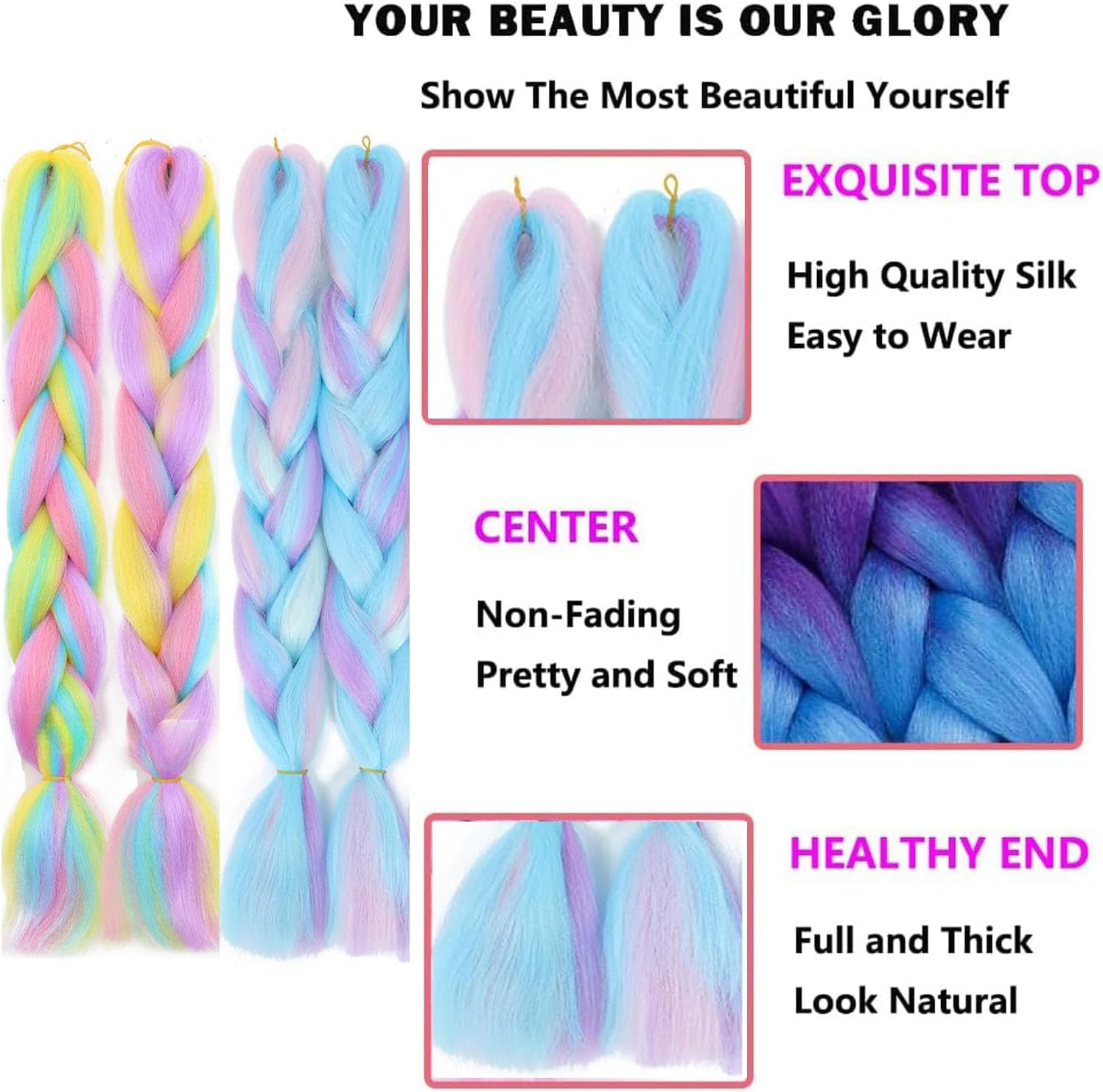 Colorful Hair Extensions 4 PACK, Upgrade 8 Colors 24" Long Braiding Hair Synthetic Hair Extensions Braid Synthetic Fiber Hair for Women Girl image number 5