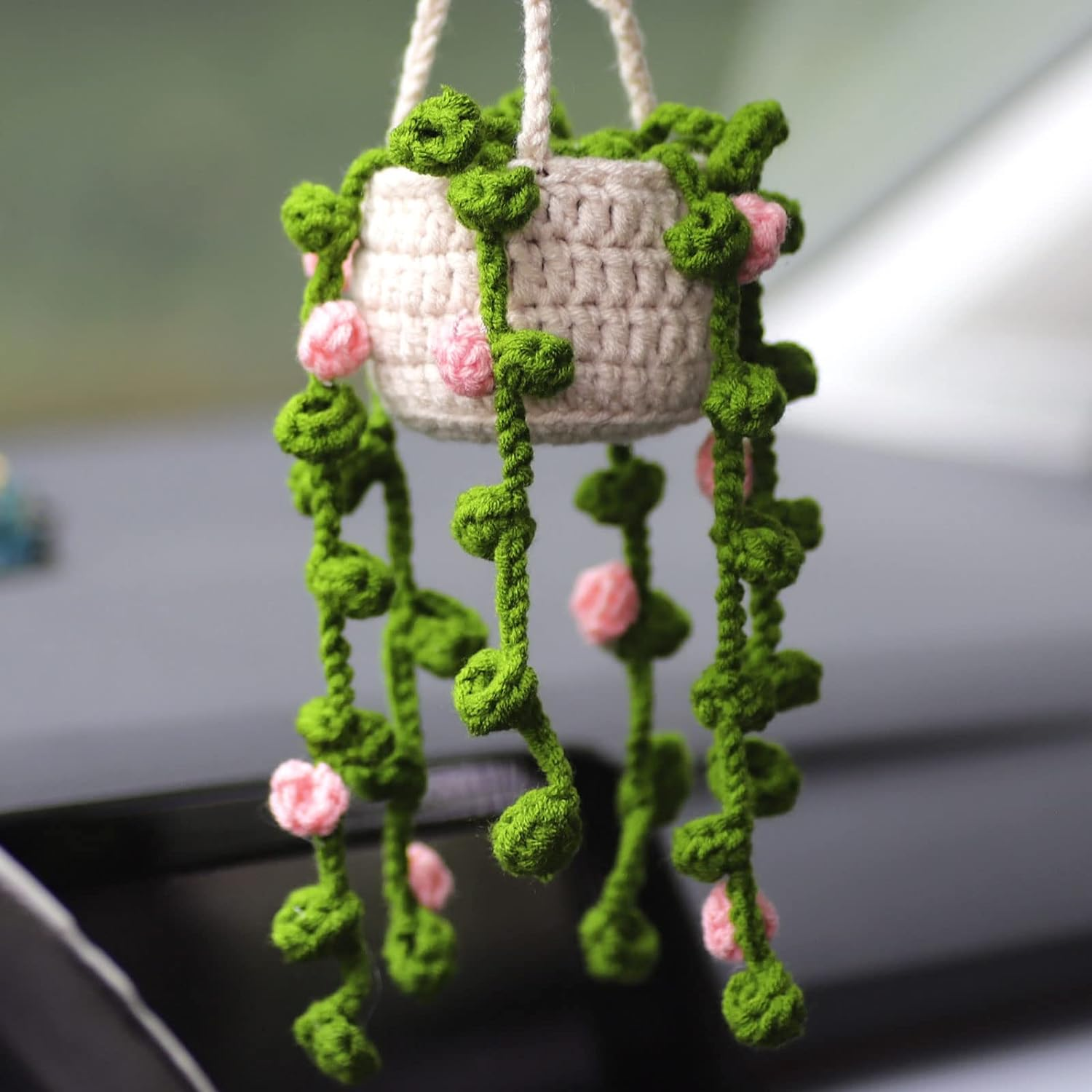 Cute Potted Plants Crochet Car Mirror Hanging Accessories for Women Men - Handmade Knitted Rear View Mirror Interior Aesthetic (Pink Flowers) image number 5