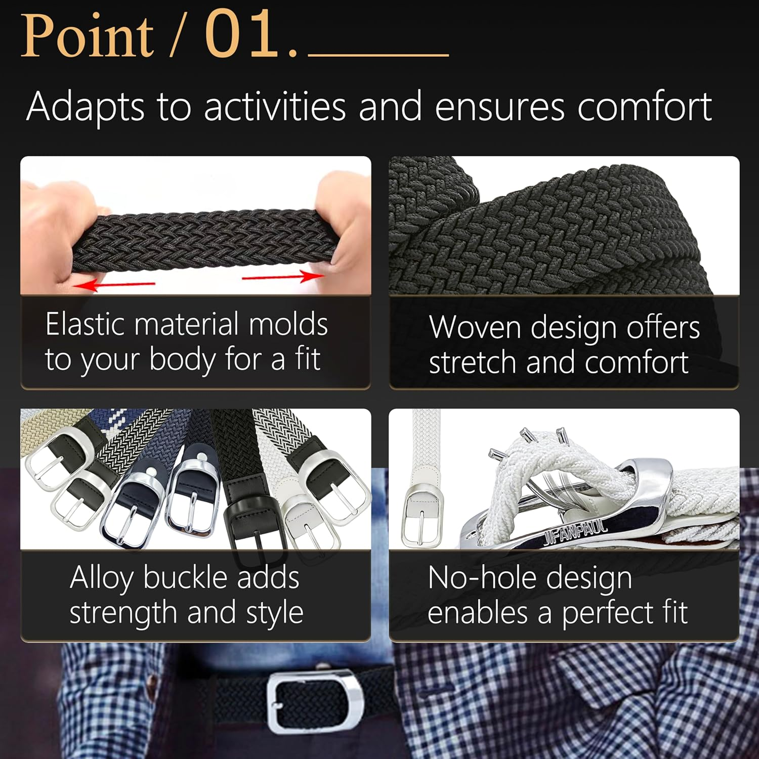 JIFANPAUL Men'S Mesh Belt, Large Size, Braided, No Holes, Elastic Belt, Stretchable, Golf, Casual, Business, Gentleman, Student Clothing, One Size Fits Most, Stretch, Blackd-Black Buckle, M [全長：約125Cm image number 5