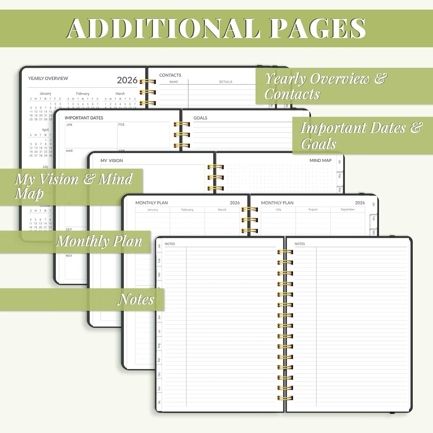 2026 Diary, A5 Weekly and Monthly Planners with Tabs, Spiral Bound Daily Calendar 2026 Planner, Agenda Organizers from Jan. to Dec., Hardcover Habit Tracker Journal 6.18" X 8.5" (Green Butterfly) image number 3