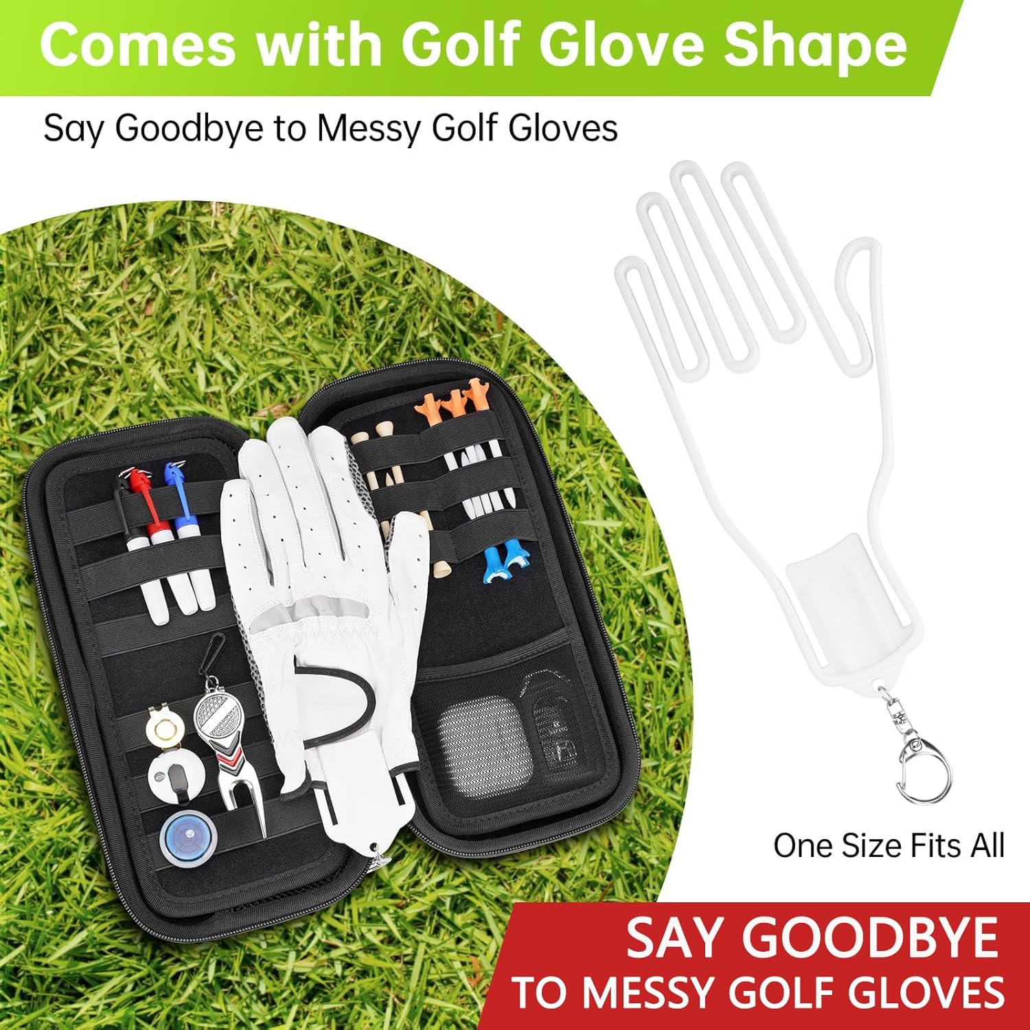 Golf Glove Holder with Removable Golf Glove Shaper, Protective Hard Shell Golf Accessories Case Bag with 2 Dividers Fits Balls, Tees, Markers, Divot Tools, Golf Essentials image number 3
