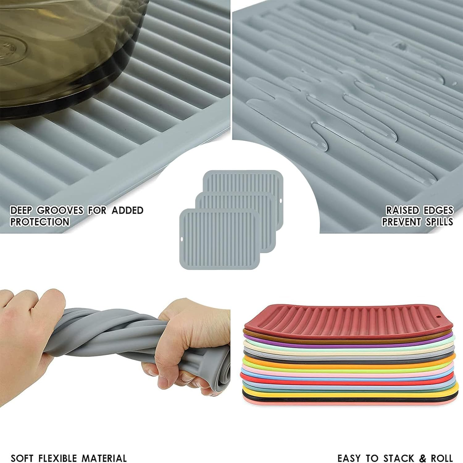 XUTONG 3 Pcs Silicone Pot Holder Silicone Trivet Mats,Silicone Table Mats Hot Pad Mats Pot Holder 30X22 Cm,Non-Slip Rest Table Mats Heat Resistant Pot Coaster Table Countertop Mats Drying Mat (Grey) image number 5