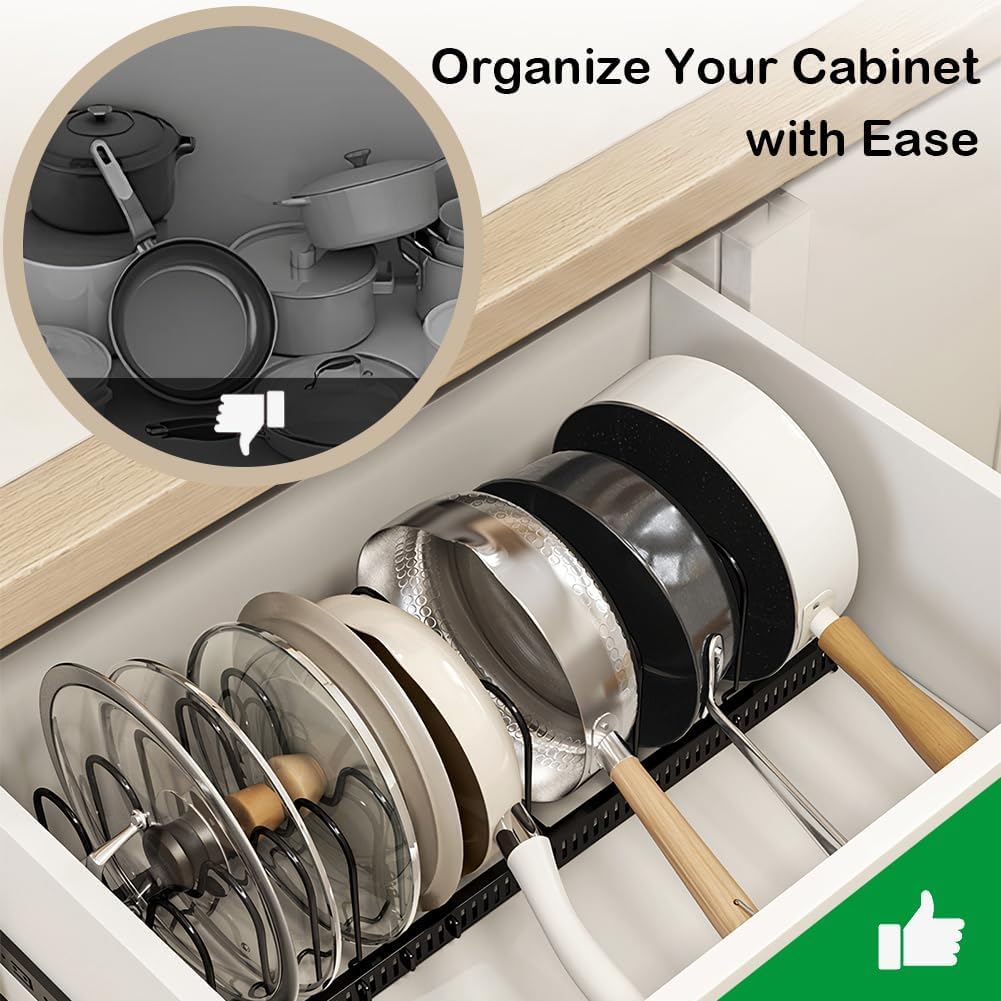 Pot and Pan Organizer for Cabinet with 10 Adjustable Compartments, Expandable Pot Racks, Pot Lid Organizer, Pan Holder Storage Rack for Kitchen Cabinet(Black) image number 5