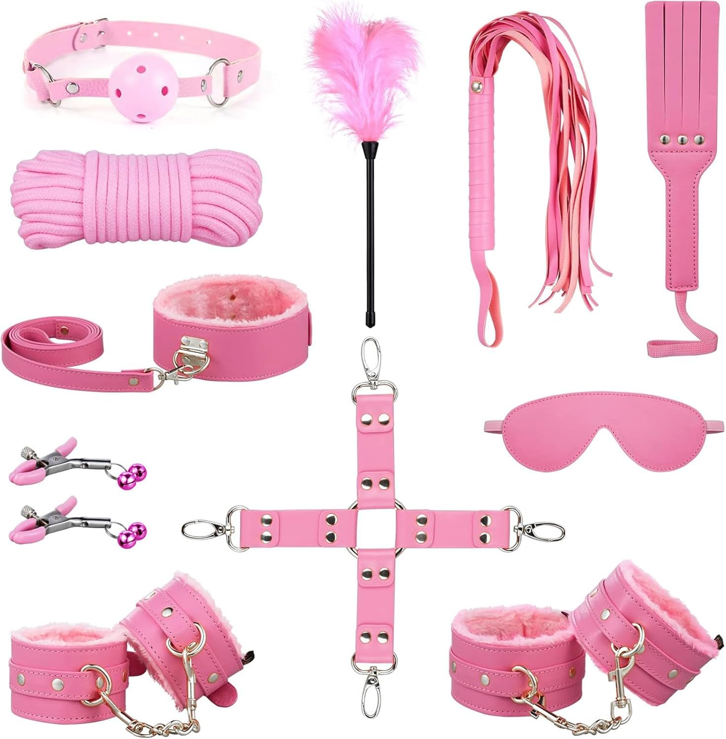 Sex Bondage BDSM Restraints Sex Toys 10 Pcs Set, SM Sex Toy Adult Toys Games Cuffs Gag Blindfold Spanking Paddle Safe Fetish Bed BDSM Kit Cuffs Nipple Clamps Ball Gag Rope Cosplay for Women Couples (Black) (Black)