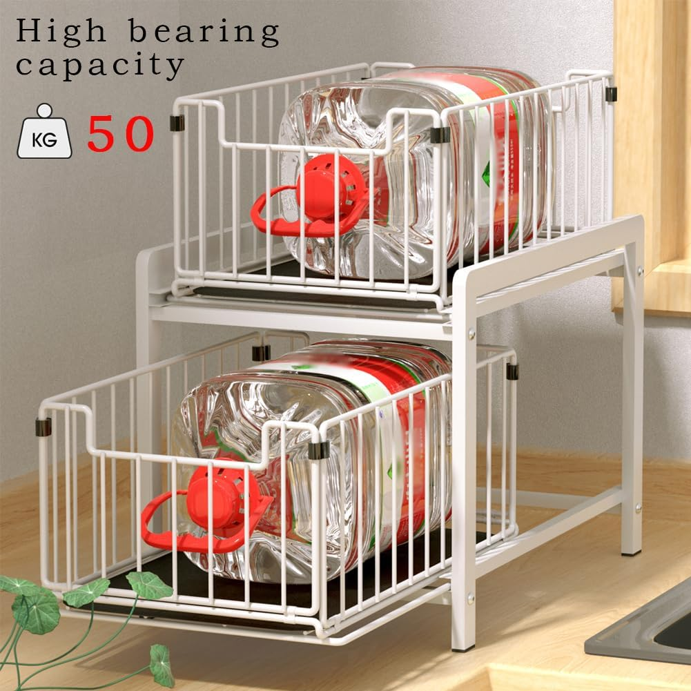 Yunnasi under Sink Storage 2-Tier Pull Out Sliding Basket for Cabinet Kitchen Cupboard Organiser Detachable Metal Storage Rack for Bathroom (Regular, Whitewhite) - Blackblack image number 2