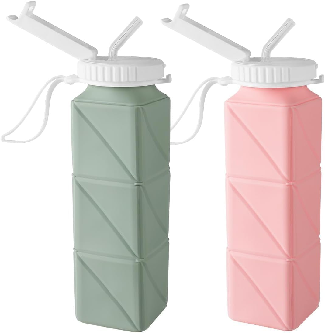 2 Pieces Collapsible Water Bottles 620Ml - Foldable & Reusable BPA Free Travel Water Bottles, Must-Have Travel Accessories for Travel, Sports & Kids | Foldable Water Bottle Set in Green & Pink