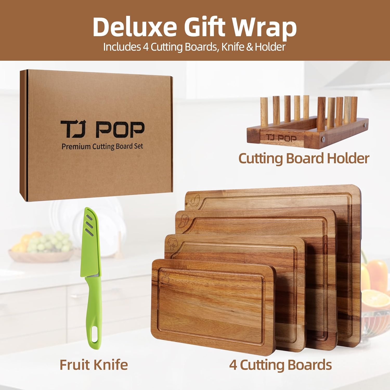 TJ POP Acacia Wood Chopping Board Set of 4, Wooden Chopping Boards with Food Symbols for Kitchen, Charcuterie Board for Meat, Vegetables, Fruits, Cheese image number 1