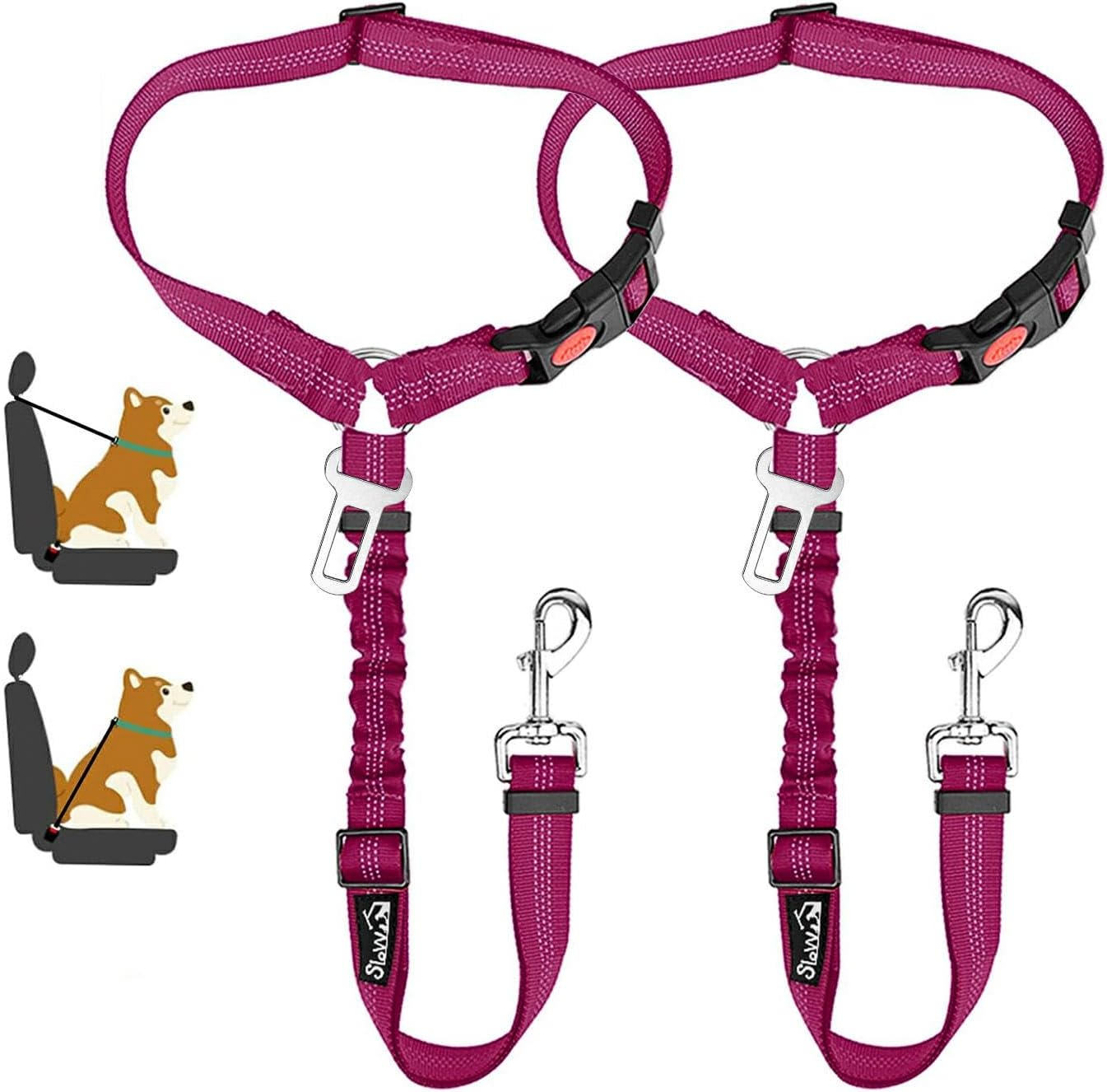 Slowton 2 in 1 Dog Seatbelts for Cars, 2 Pack Pet Car Seat Belt Headrest Restraint with Seatbelt Clip Puppy Safety Adjustable Belt Connect with Dog Car Harness with Reflective Elastic for Car