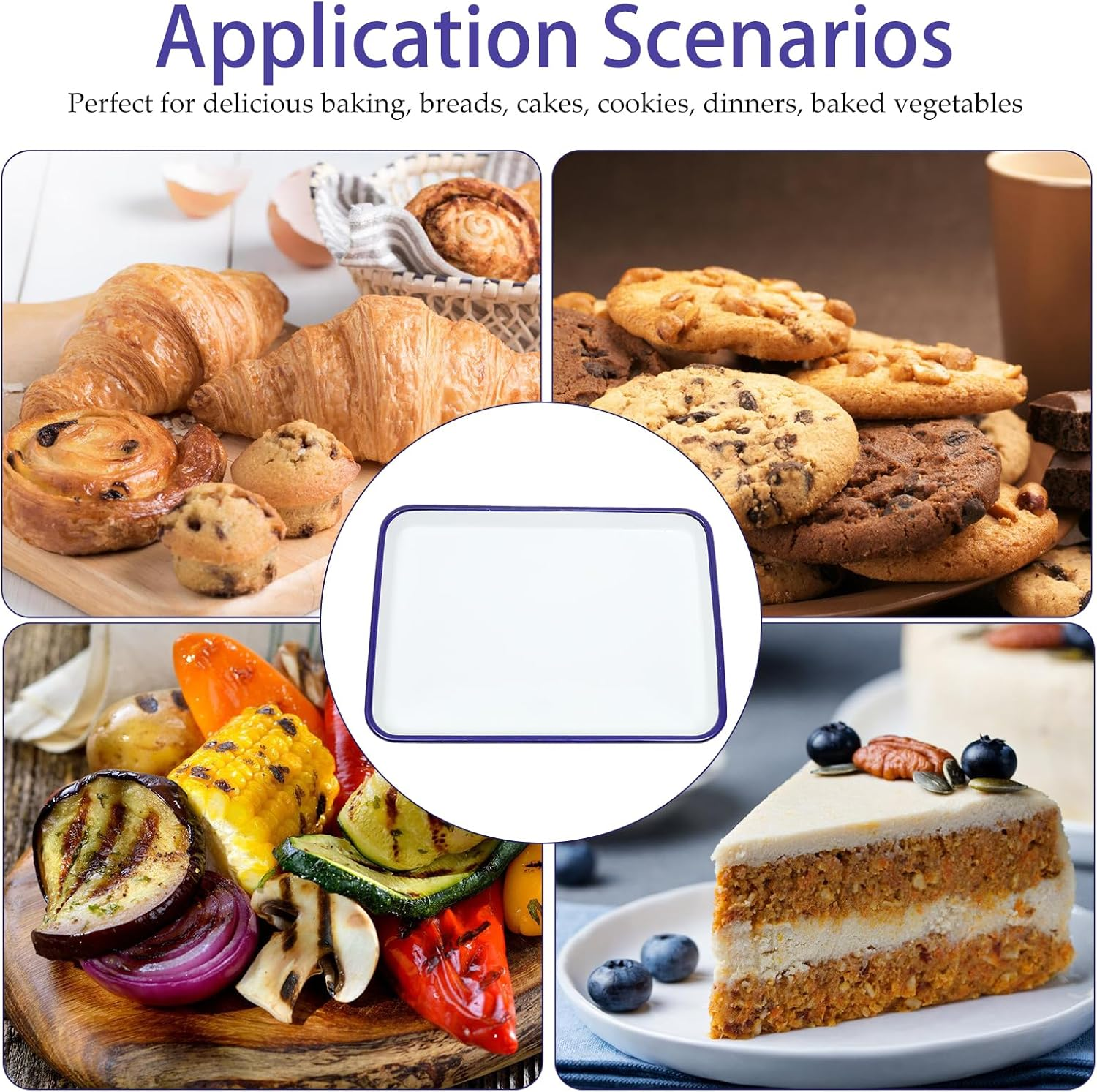 DECHOUS Enamelware Collection White Enamel Baking Cookie Sheet Pan with Blue Rim Rectangular Serving Tray Butcher Tray Dish 26X18Cm for Home Kitchen image number 3