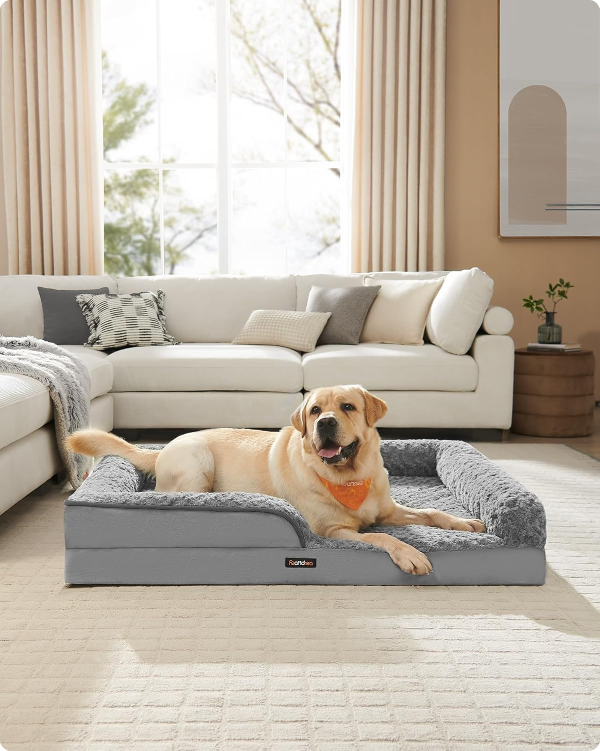 Feandrea Orthopaedic Dog Bed for Large Dogs, Waterproof Dog Sofa Bed with Removable Washable Cover, 36 X 27 X 6.5 Inches, Dove Gray UPGW252G01