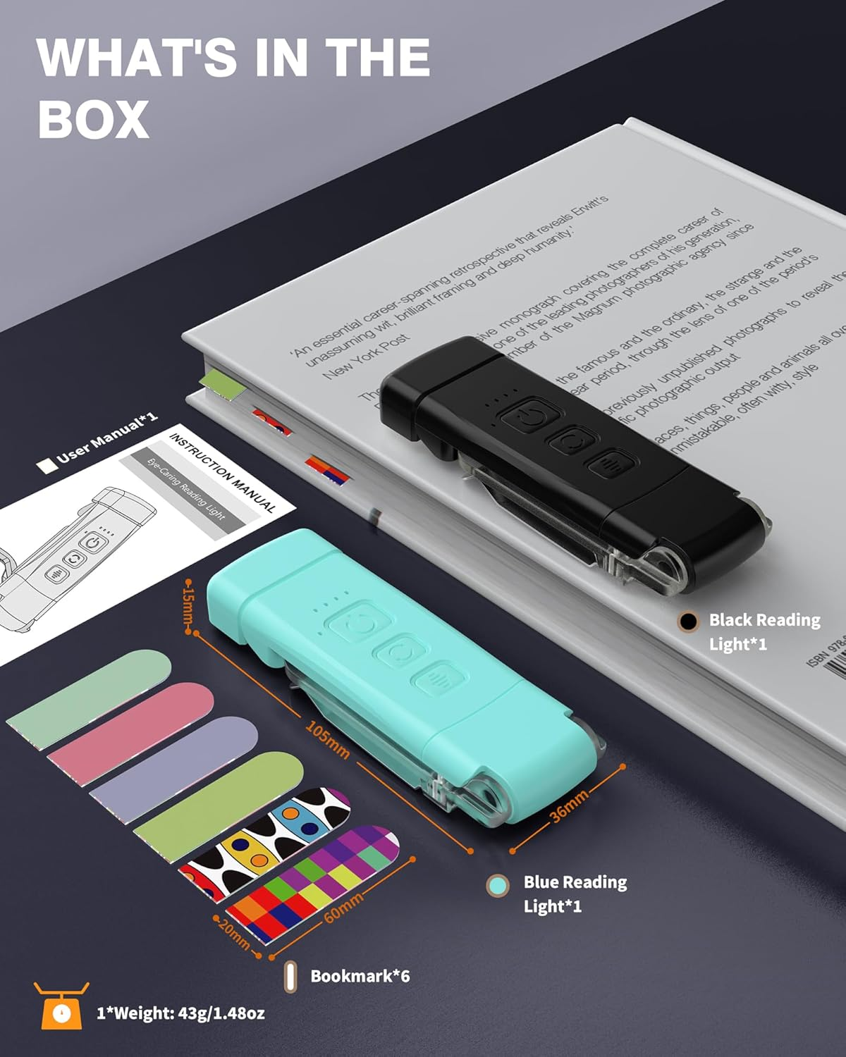 LUOLED 2-Pack Reading Light with 6 Bookmark, Rechargeable, Portable, Clamp Base, 30/60 Minutes Timer, 3 Color Modes & 5 Brightness Adjustments, Eye Care, Blue, Plastic image number 5