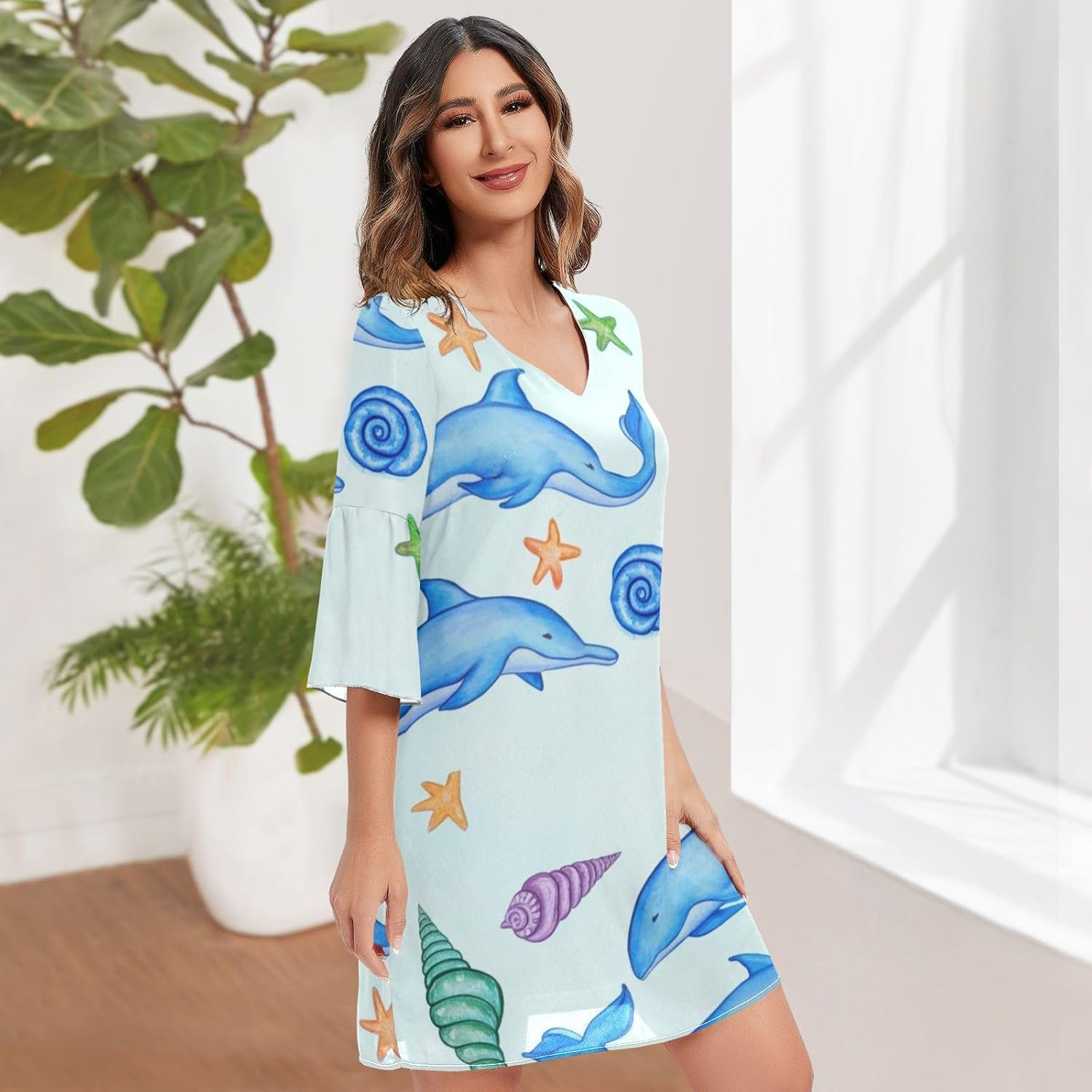 Cute Blue Dolphins V Line Dress Printed Line Maternity Dress S-XXL image number 3