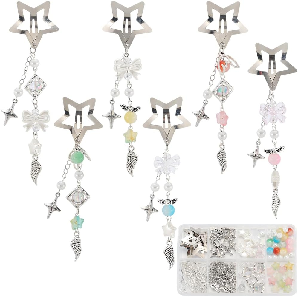 SUNNYCLUE 1 Box DIY 6 Sets Star Tassel Hair Clips Making Kit Stars Hairclips Cute Wing Bowknot Bow Beaded Pendant Hairclip with Tassels Snap Barrettes for Women Braid Long Short Thin Thick Hair image number 3