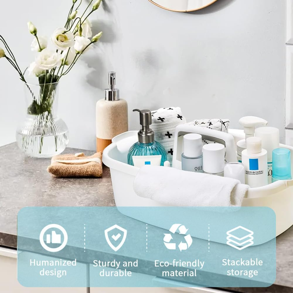 TOMVAES Plastic Storage Box with Handle, Cleaning Supply Containers, Bathroom Clear Bins for Cupboard Kitchen & Home Organisation (White)