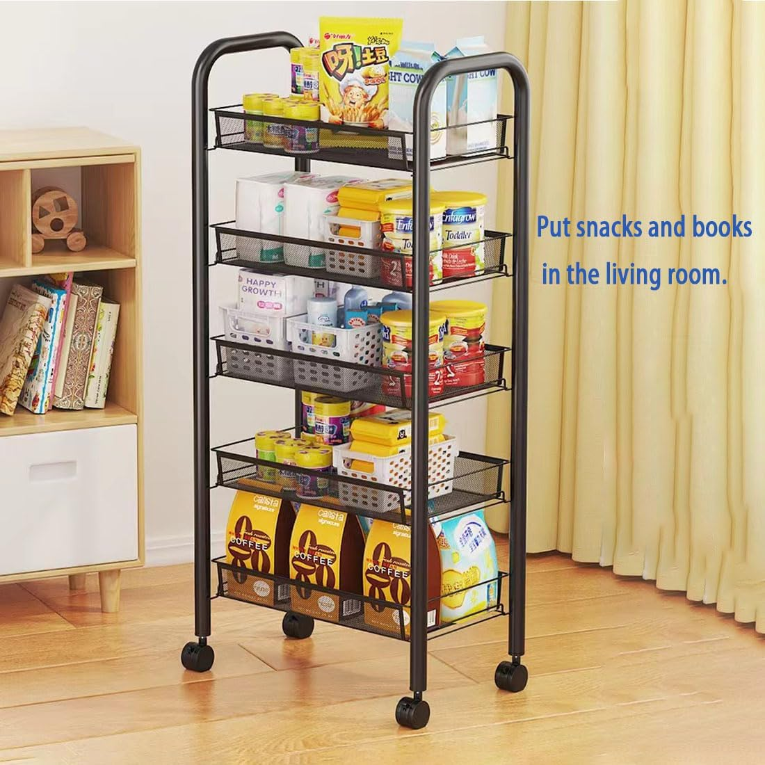 Heavy-Duty Rolling Kitchen Cart - 5-Tier Storage Shelves for Coffee Bar, Microwave & Small Space Organization (Black) image number 4
