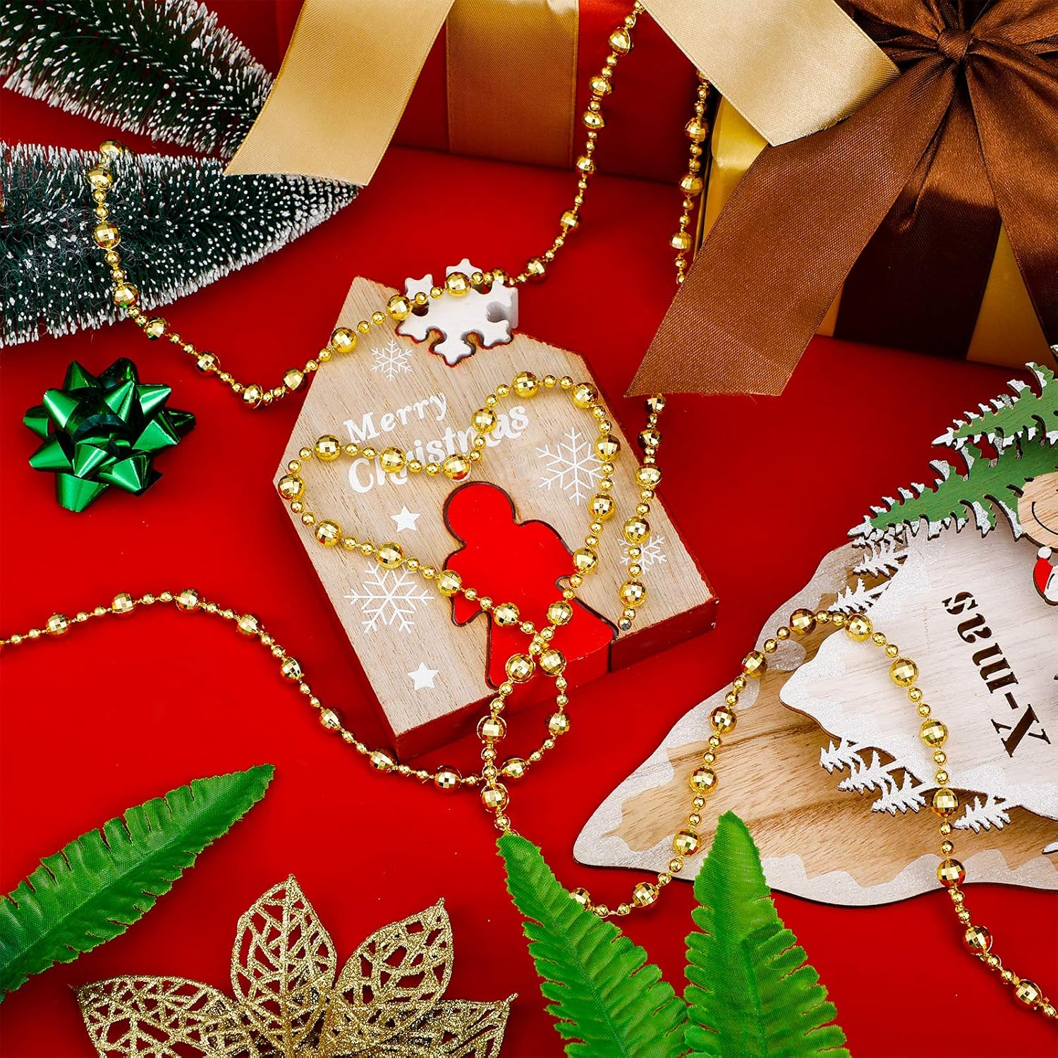 WILLBOND 32.8 Feet Christmas Tree Beads Beaded Garland Strand Plastic Pearls Beads Garland Crystal Bead Roll for Christmas and Holiday Decorations (Gold) image number 3