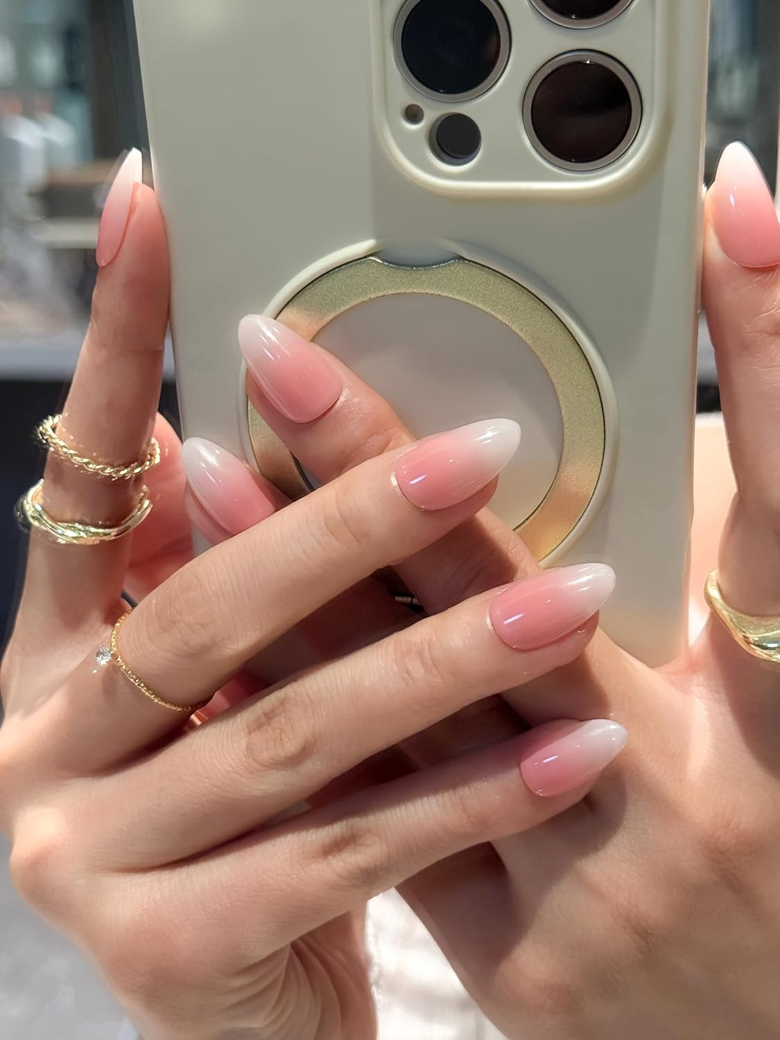 Bianco Sue Press-On Nails | Pink to White Ombre Almond False Nails, Reusable Stick-On Fake Nails with Adhesive Tabs and Glue | Salon-Grade Quality | Transparent Storage Box | 15 Sizes - 30 Nail Kit image number 4