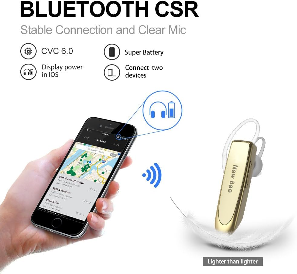 Bluetooth Headset Handsfree Wireless Bluetooth Earpiece New Bee Driving Earphone with Noise Cancelling Microphone 24 Hrs Talk Time Business In-Ear Headphones Earbuds for Apple Iphone X 8 7 6 6S, Samsung Galaxy, HTC, LG, SONY, PC, Laptop (Black) (Gold) image number 2