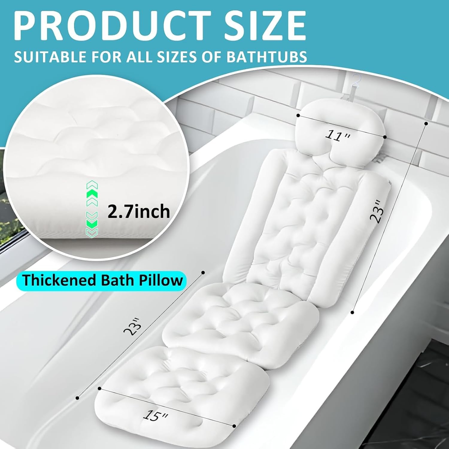 Bath Pillows for Bathtub Full Body, Ultra-Thick Tub Cushion for Butt, Luxury Bathroom Accessories Spa Pillow with 168 Suction Cups for Head and Neck Support with Laundry Bag White image number 2