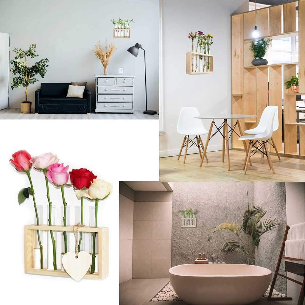 Laffeya Hydroponic Plant Stand, Plant Terrarium with Wooden Stand, Wall Hanging Test Tube Planter Modern Flower Bud Vase Stand, Plant Tabletop Terrarium, DIY Terrarium Kit image number 6