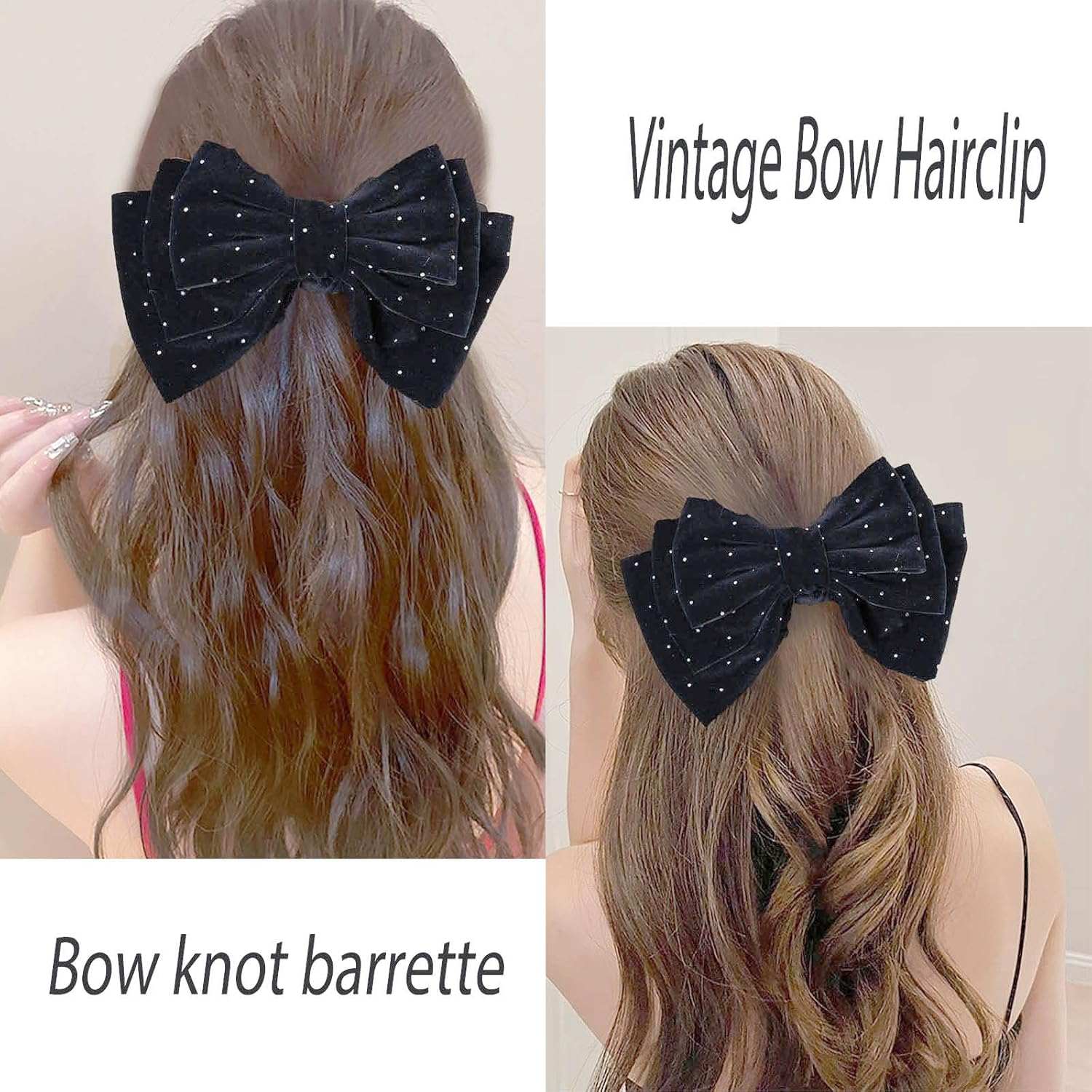 Large Hair Bows Women Velvet Bow Hair Clips Glitter Bow Clips Cute Hair Bow Clips French Hair Band Bow Crystal Bows Party Wedding Barrette Bowknot Black Red image number 1