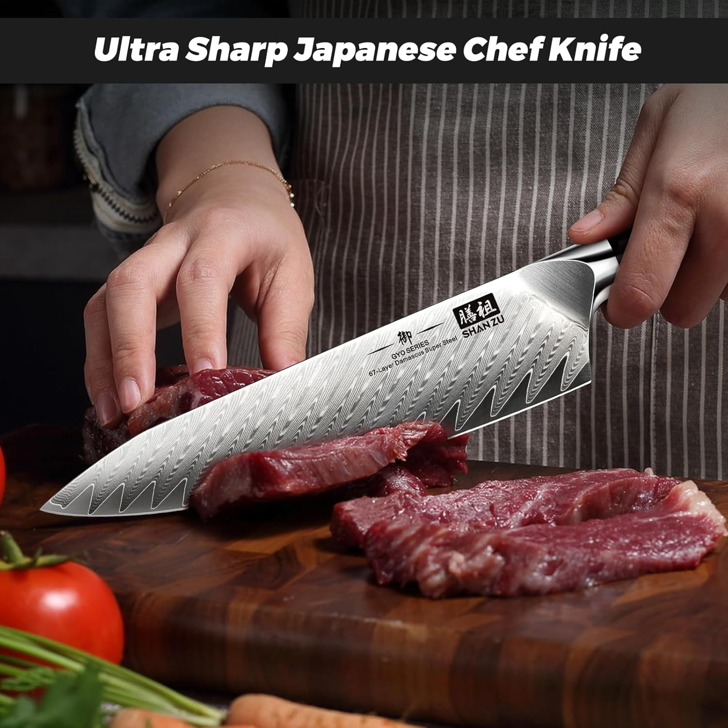 SHAN ZU Damascus Chef Knife 8 Inch, 67-Layer High Carbon Steel Kitchen Knife,Ultra Sharp Japanese Chef Knife,Professional Kitchen Utility Knives with G11 Ergonomic Handle Cooking Knife with Gift Box image number 4