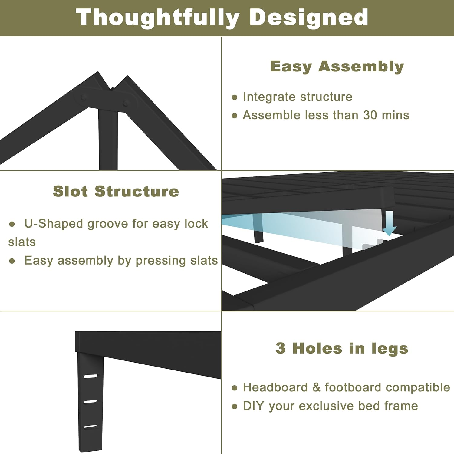 ITIMIDI 14 Inch Bed Frame Full Size with Metal Gaskets, Heavy Duty Steel Support 3500 LBS, No Box Spring Needed, DIY Headboard, Anti-Slip Mattress Stopper, round Corner Leg, Easy Assembly, Black image number 5