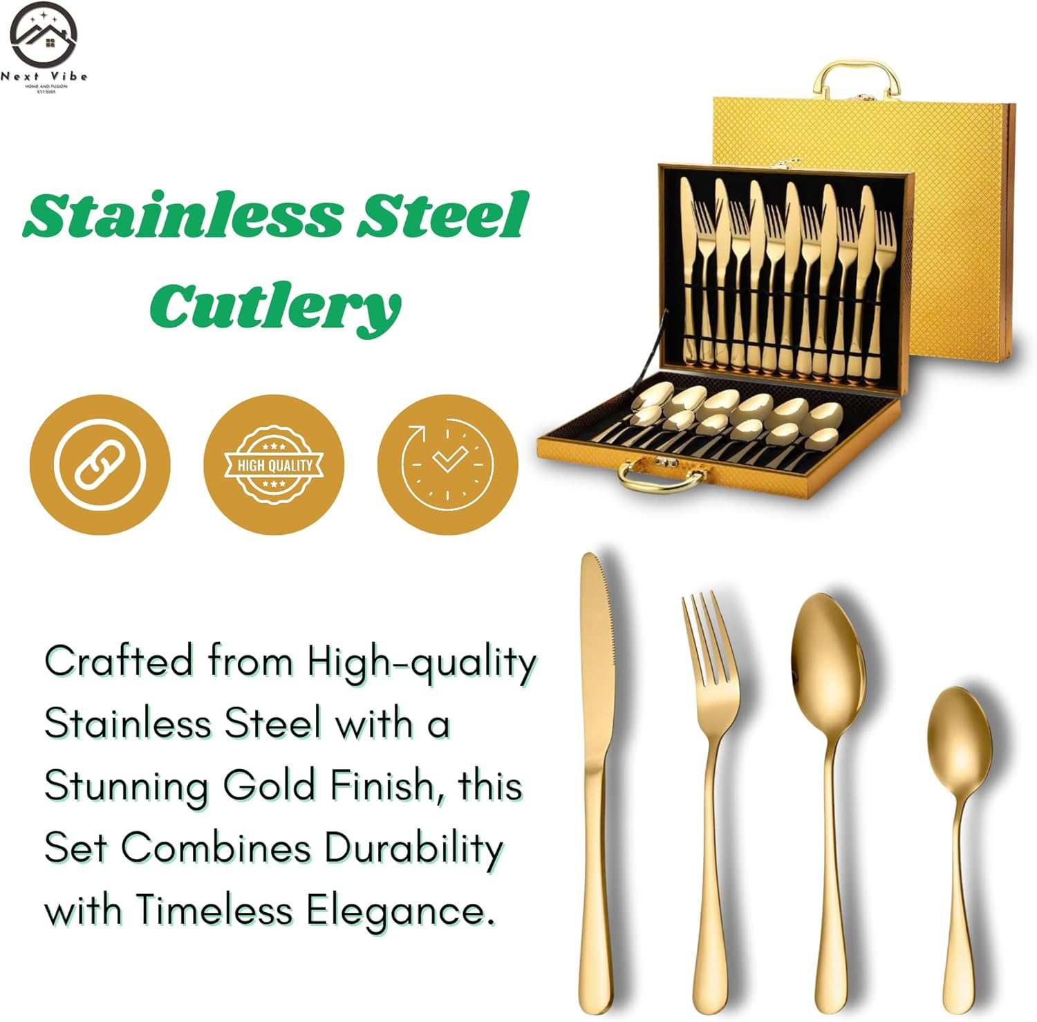 24-Piece Golden Cutlery Set - Elegant Stainless Steel Flatware Set, Gold Finish, Durable & Stylish Tableware for 6 - Perfect for Formal Dining & Everyday Use image number 2