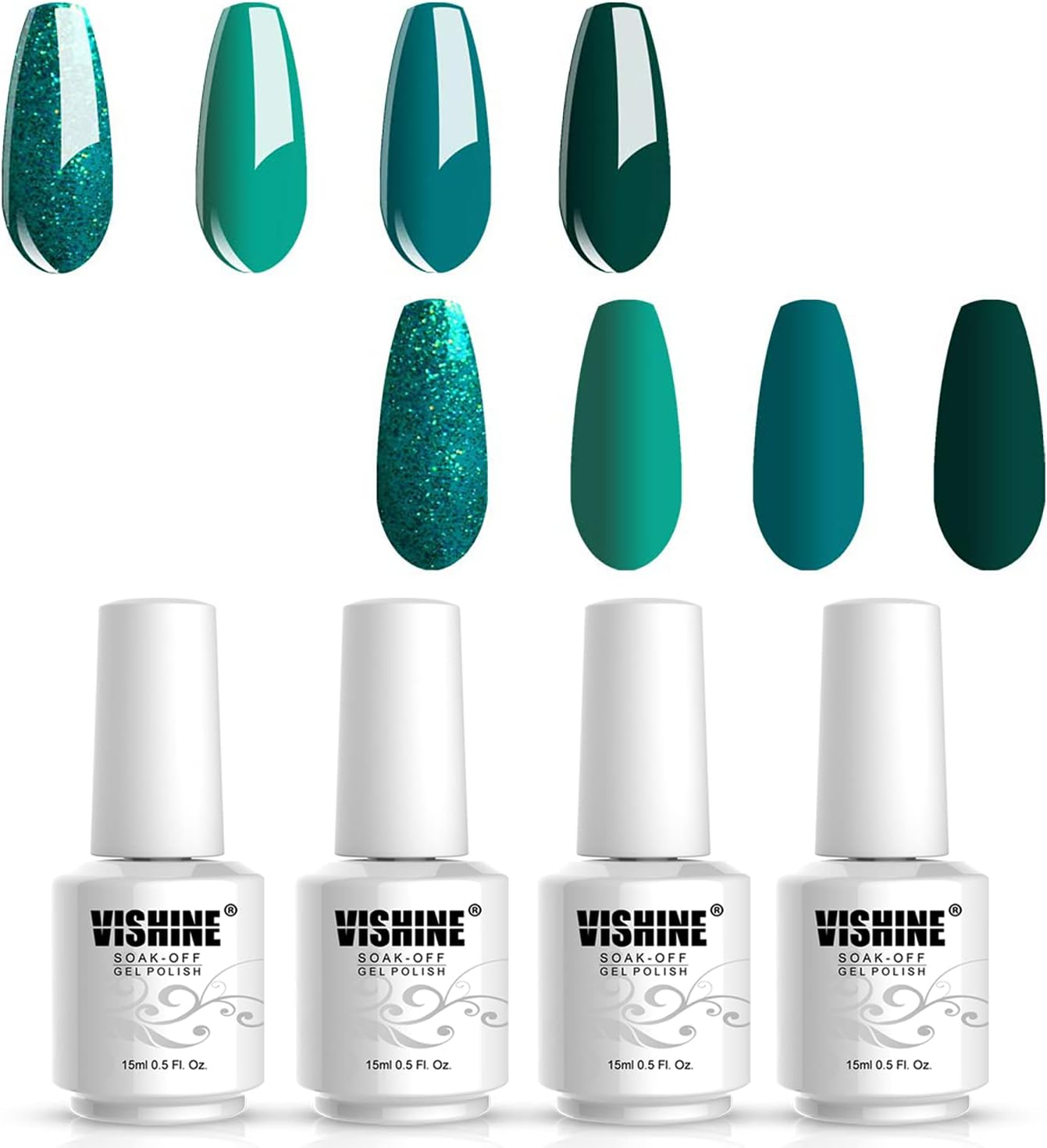 Vishine 4 Colours Carnival Green Gel Nail Polish Kit, 15 Ml Glitter Green Gel Nail Polish Set, Olive Green Avocado Dark Green Nail Polish, Soak off UV LED Nail Gel Polish for Nail Studio, DIY at Home