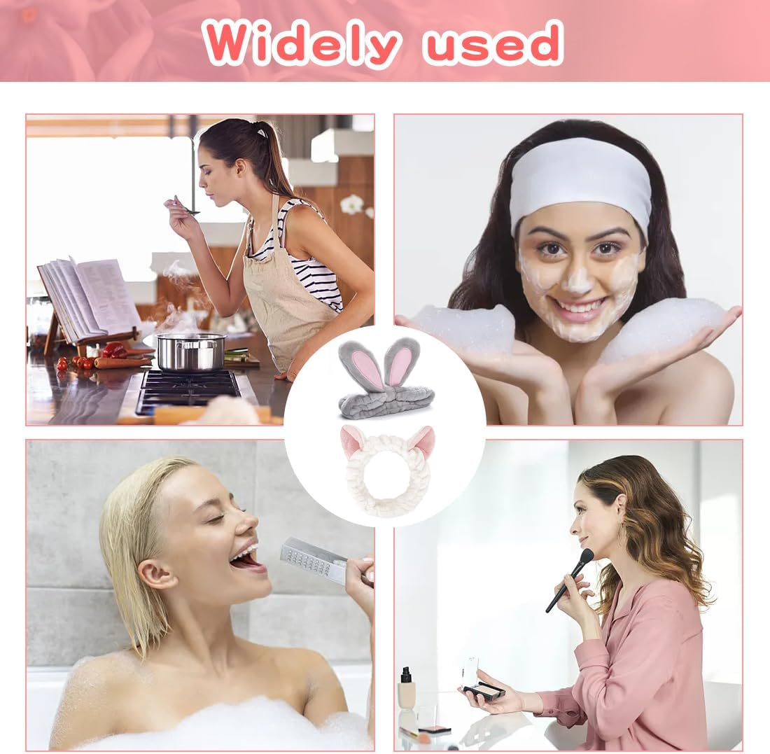 FUKPO Hair Band Cosmetic Rabbit Ears Cat Ears Make up Headbands Shower Hair Band Washing Face Cosmetic Headband Elastic Coral Fleece Hair Bands Women'S Yoga Sport Spa Beauty Pack of 2 image number 3